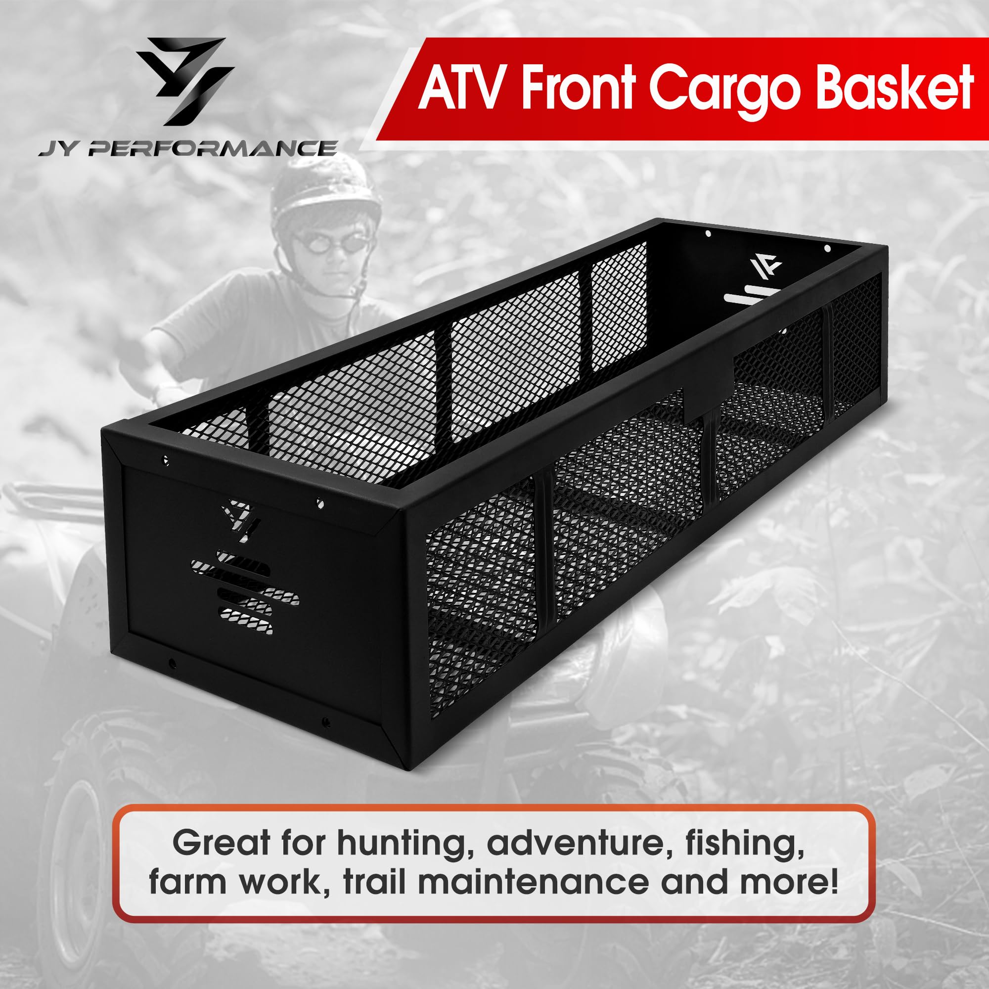 JY Performance Universal ATV Front Cargo Basket Black Steel Storage Rack for Camping/Fishing/Beach Side/Hiking