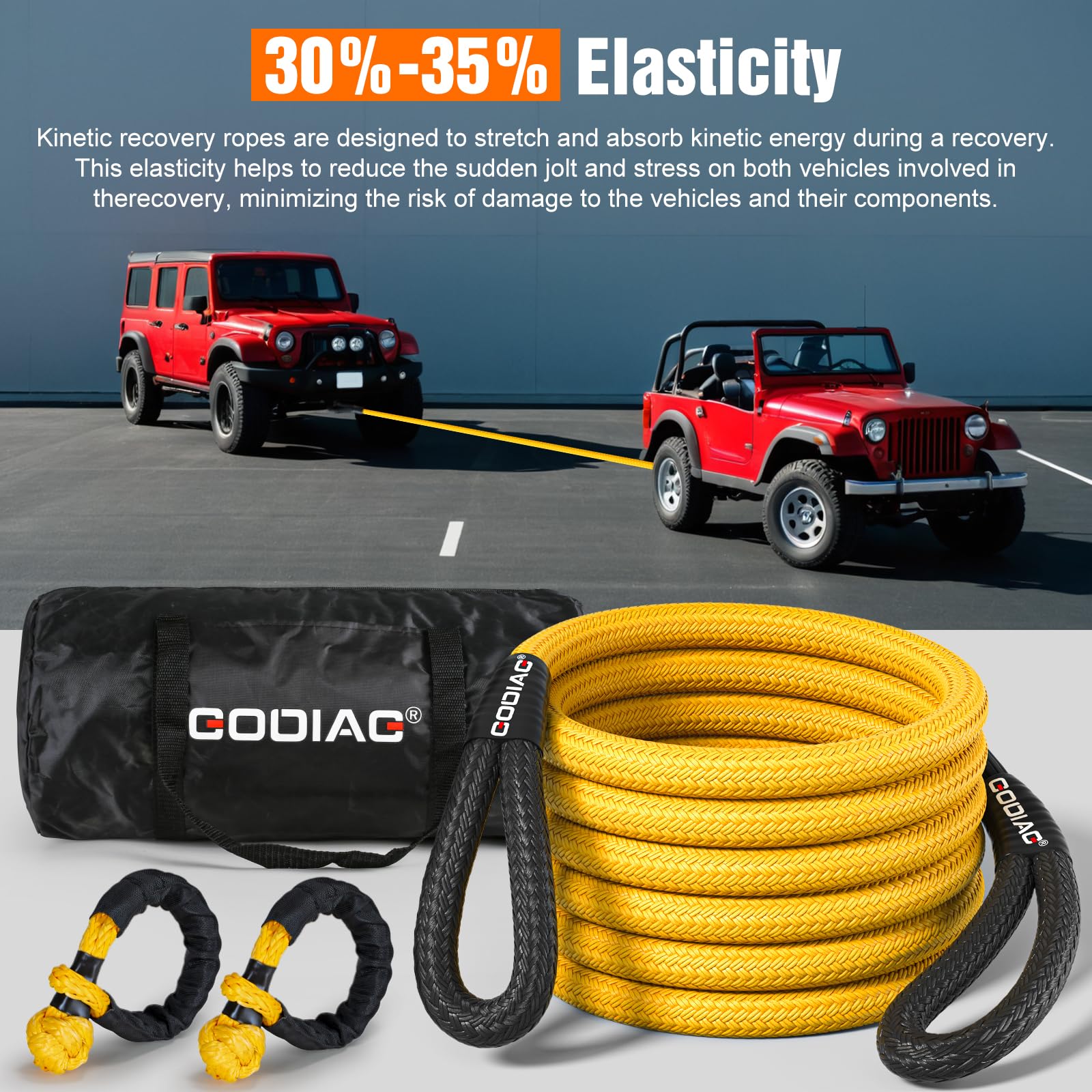 Godiag 1''  20Ft Kinetic Recovery Rope (33000Lbs) Heavy Duty Energy Tow Rope With 2 Soft Shackles, Offroad Power Stretch Snatch