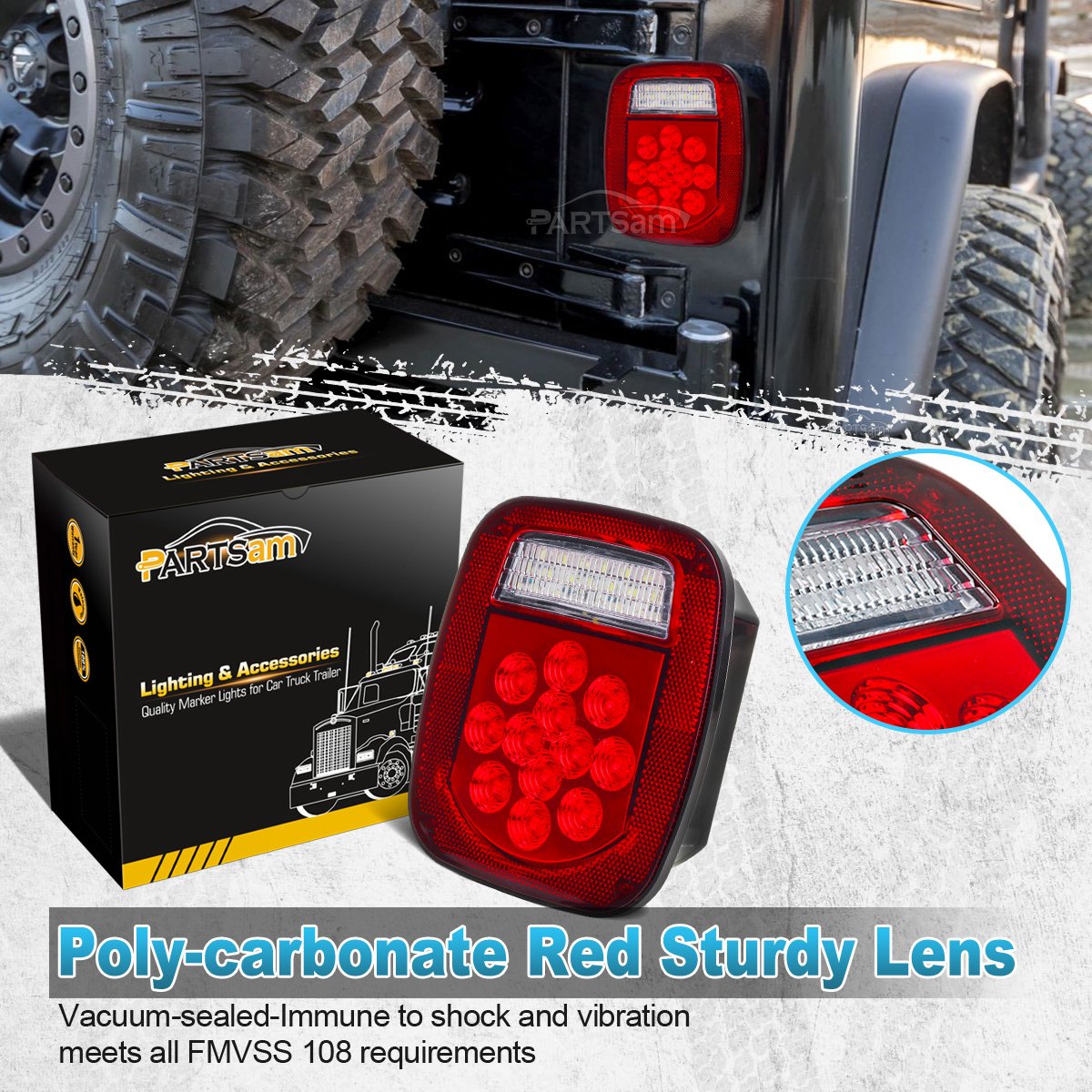 Partsam 39 LED Stop Turn Tail Lights - Red Lens, Standard Size, Plastic, Model 13 - Replacement for Jeep CJ YJ JK, Truck, Trailer, Boat, RV