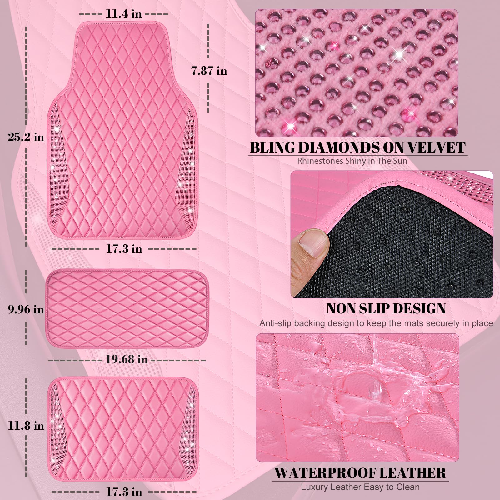 Car Pass Bling Leather Car Mats Shining Diamond Floor Mats Crystal Rhinestones Sparkly Glitter Carpet Anti-Slip Waterproof Pad U