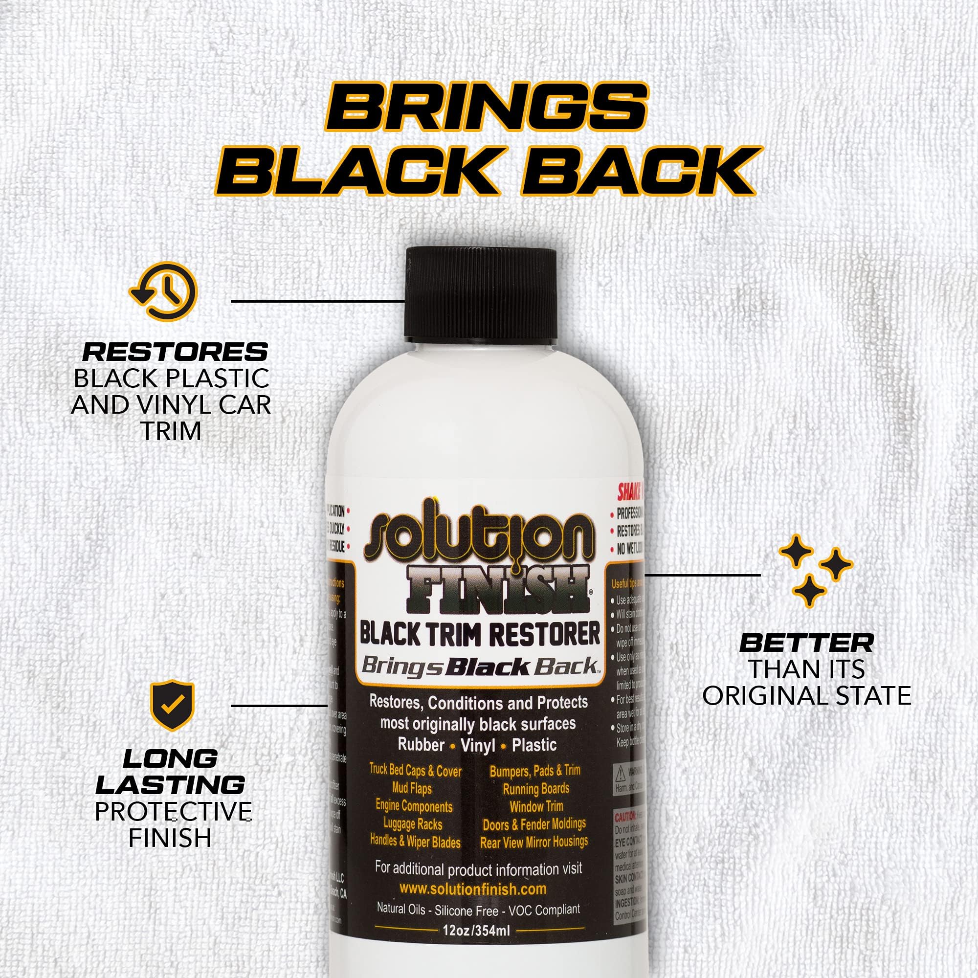 Solution Finish Black Plastic & Vinyl Trim Restorer, 12 Fl Oz - Revives Color for Cars & Trucks, Model SF-BBB12