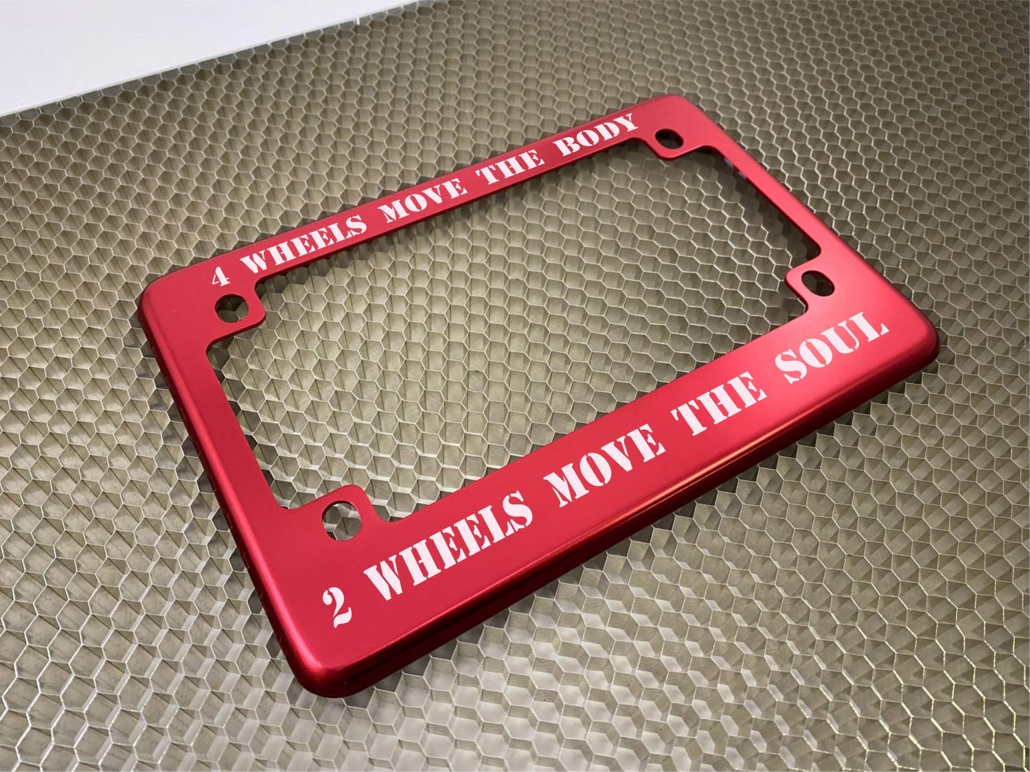 Motorcycle Personalized With Custom Text Design - Anodized Aluminum Laser Etched Standard Size License Plate Frame - Red