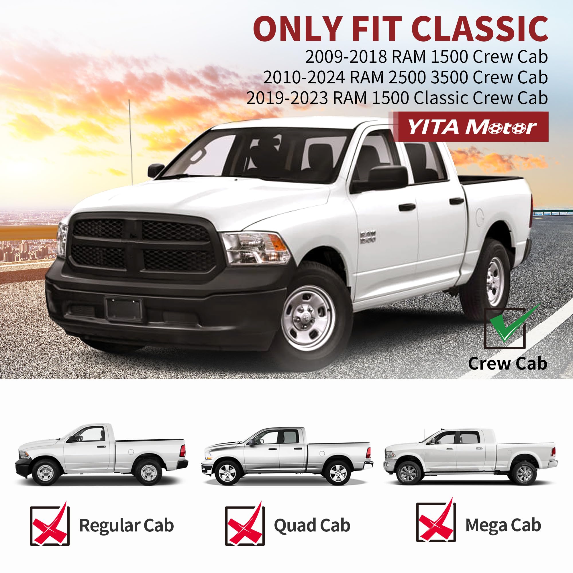 YITAMOTOR Drop Side Steps for 2009-2018 Dodge Ram 1500, 2010-2024 2500/3500, Black Carbon Steel Nerf Bars,