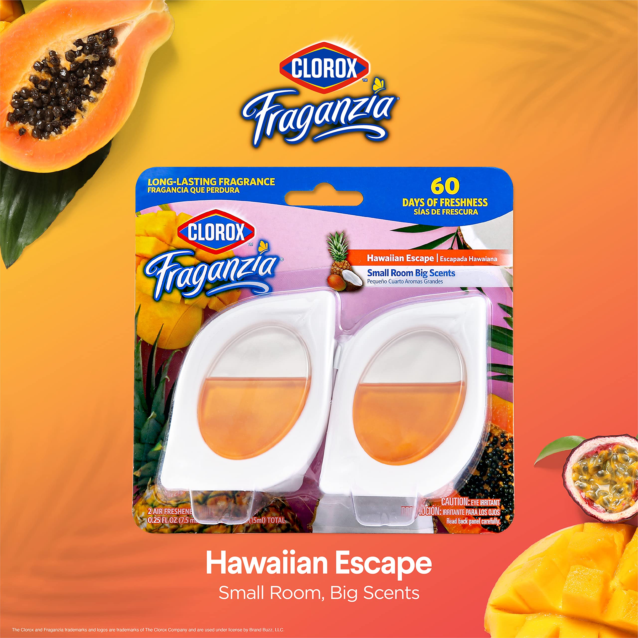 Clorox Fraganzia Air Freshener, Hawaiian Escape, 2ct, Peel & Place, No-Plug, 7.5ml Units for Closets, Laundry, Bathroom
