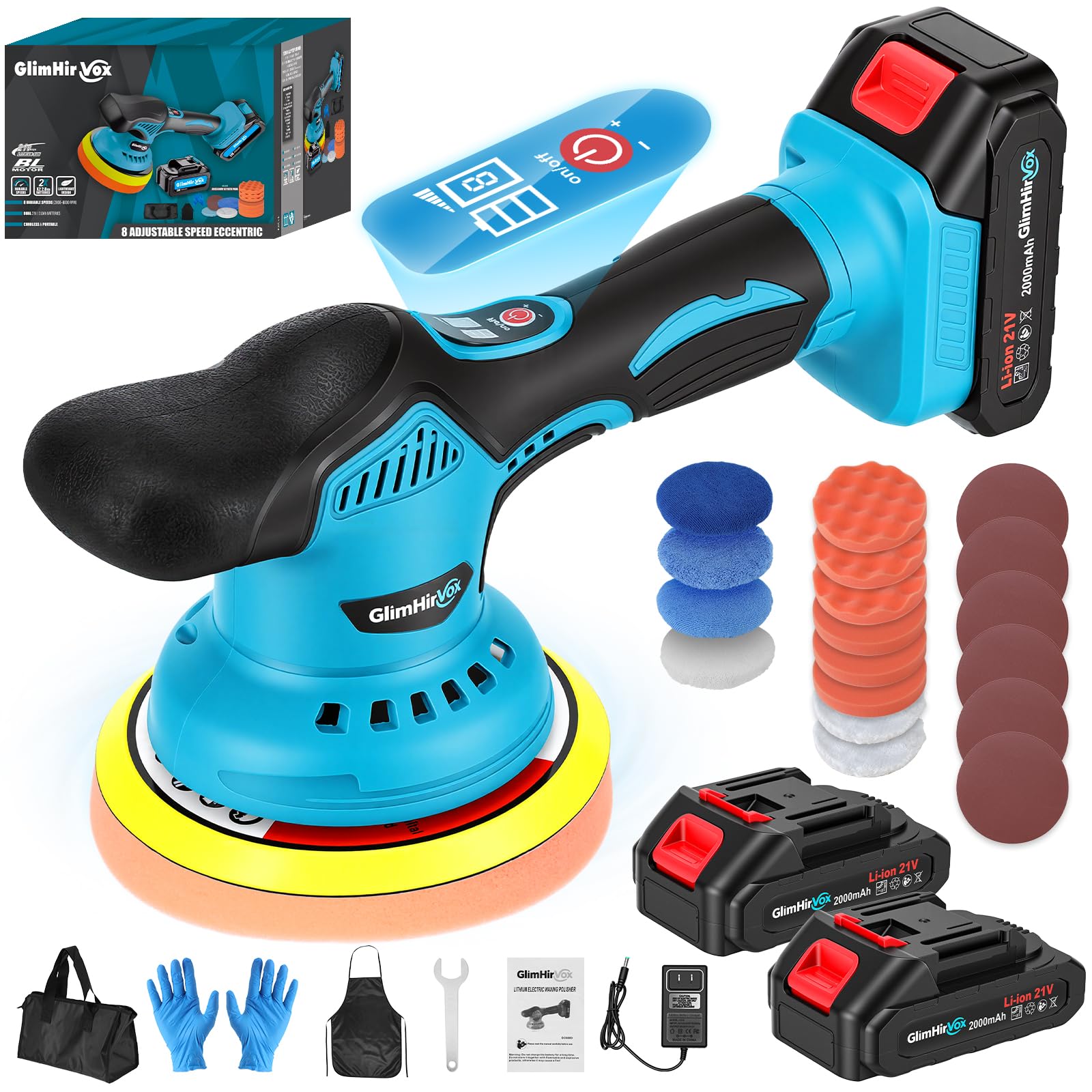 Cordless Car Buffer Polisher Kit, 6-Inch Ultimate Car Polishing Kit with 2x2.0Ah 21V Batteries & 28PCS Attachments, 8-Speed 6000