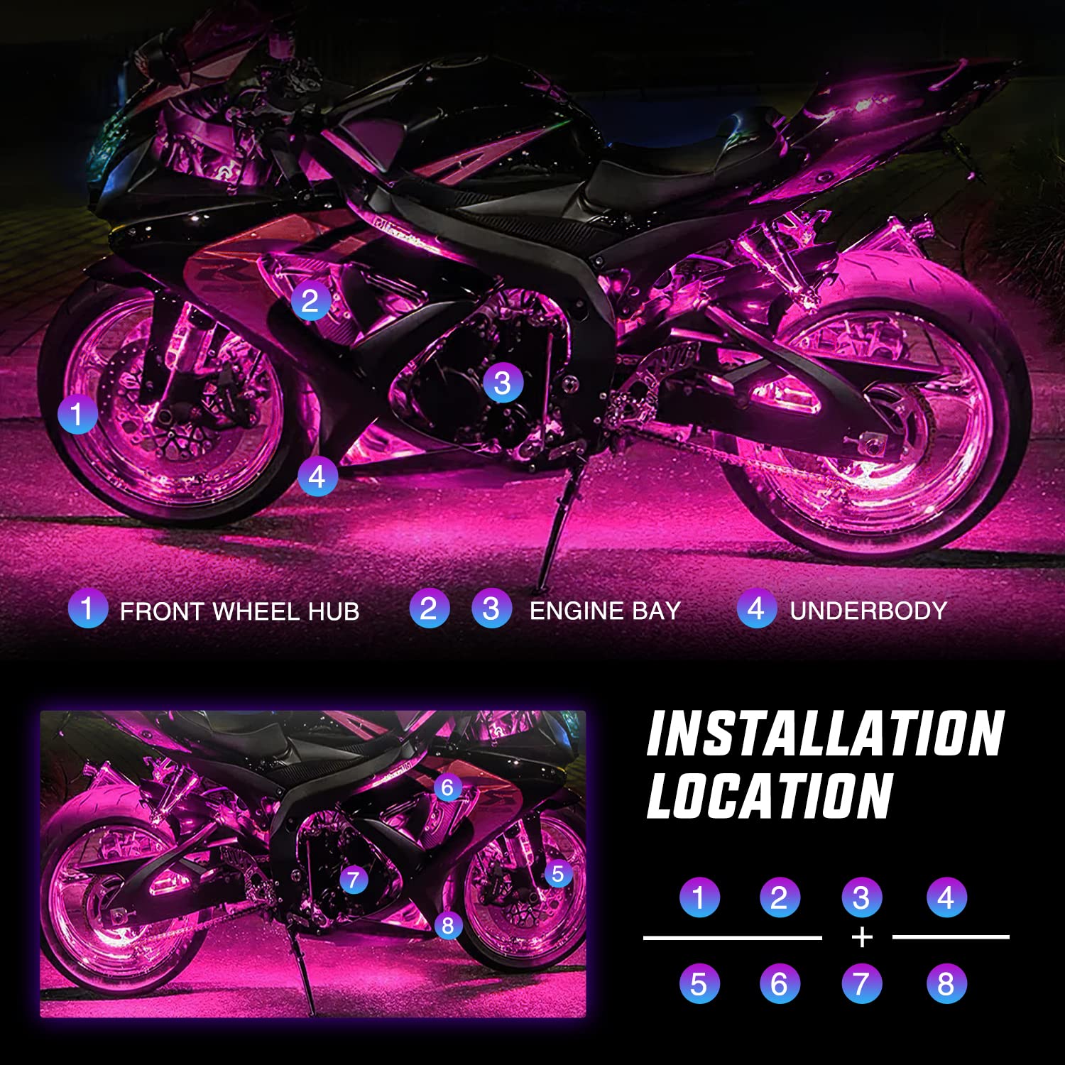 Nilight 8PCS RGB LED Motorcycle Light Kit - Waterproof Multi-Color Underbody Strips with APP & Remote Control - Model TL-305