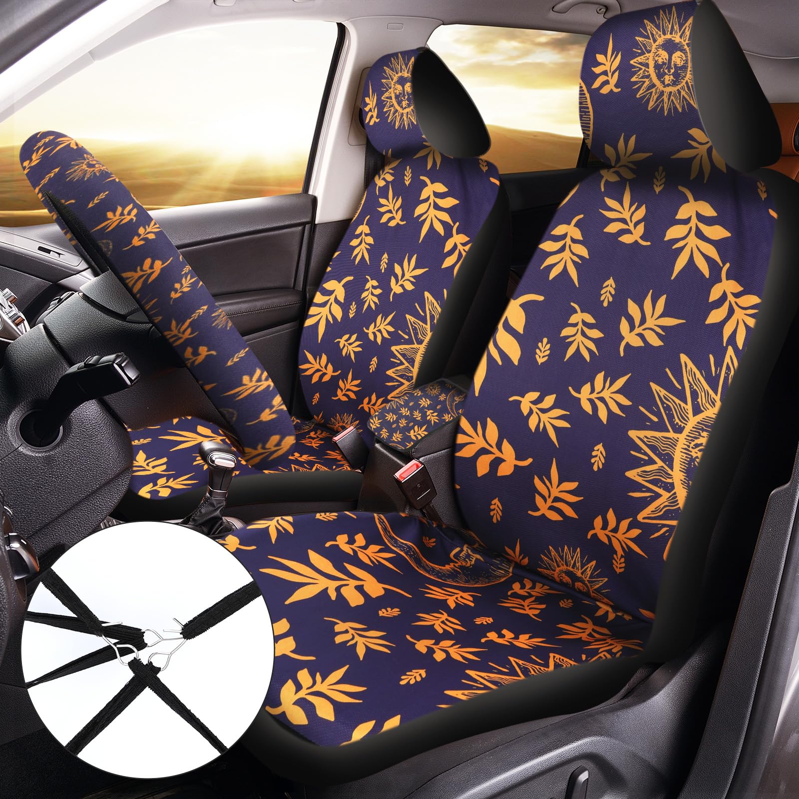 17 Pcs Sun and Moon Car Seat Covers Sun and Moon Car Accessories Full Set for Women Men Automotive Rear Front Seat Protector Vie