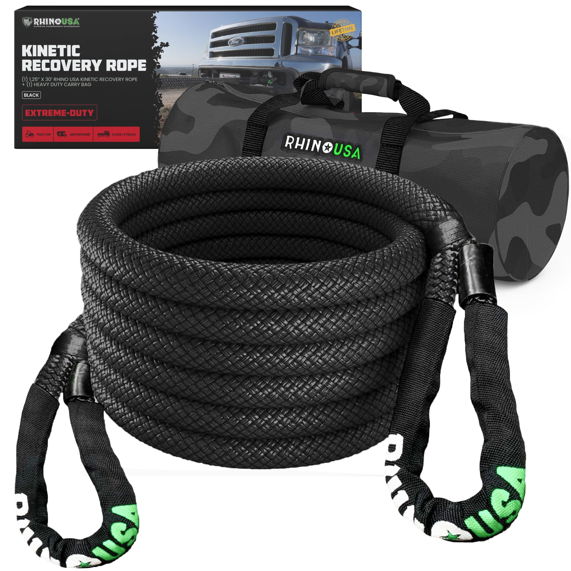 Rhino Usa Kinetic Recovery Tow Rope (1.25'' X30') Heavy Duty Offroad Snatch Strap For Diesel Truck, Tractor, Heavy Equipment - U