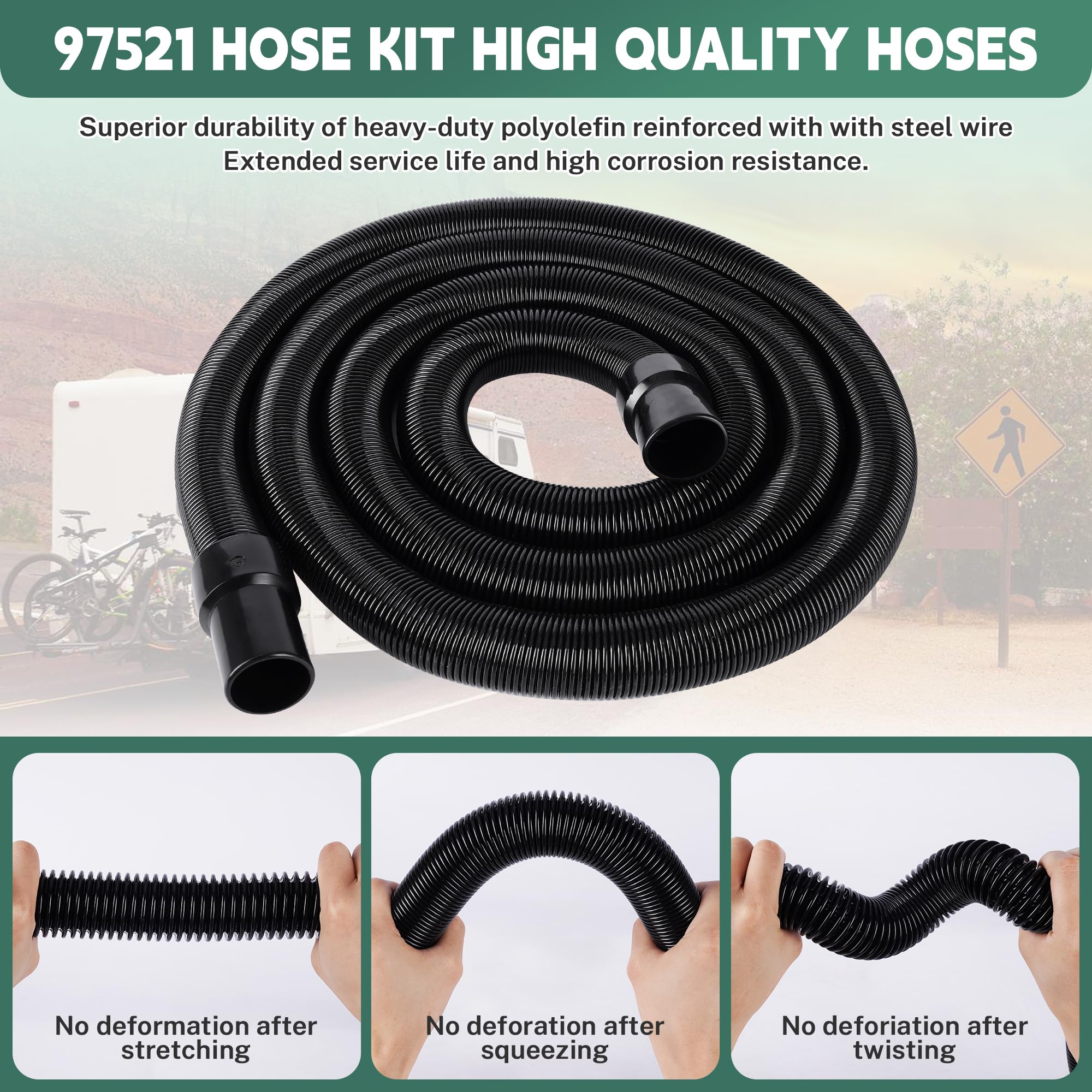 Ustinian RV Macerator Hose Kit, 33FT 1.5" Black Sewage Hose, Quick-Connect Fittings, Model YUS-PCS002-BK
