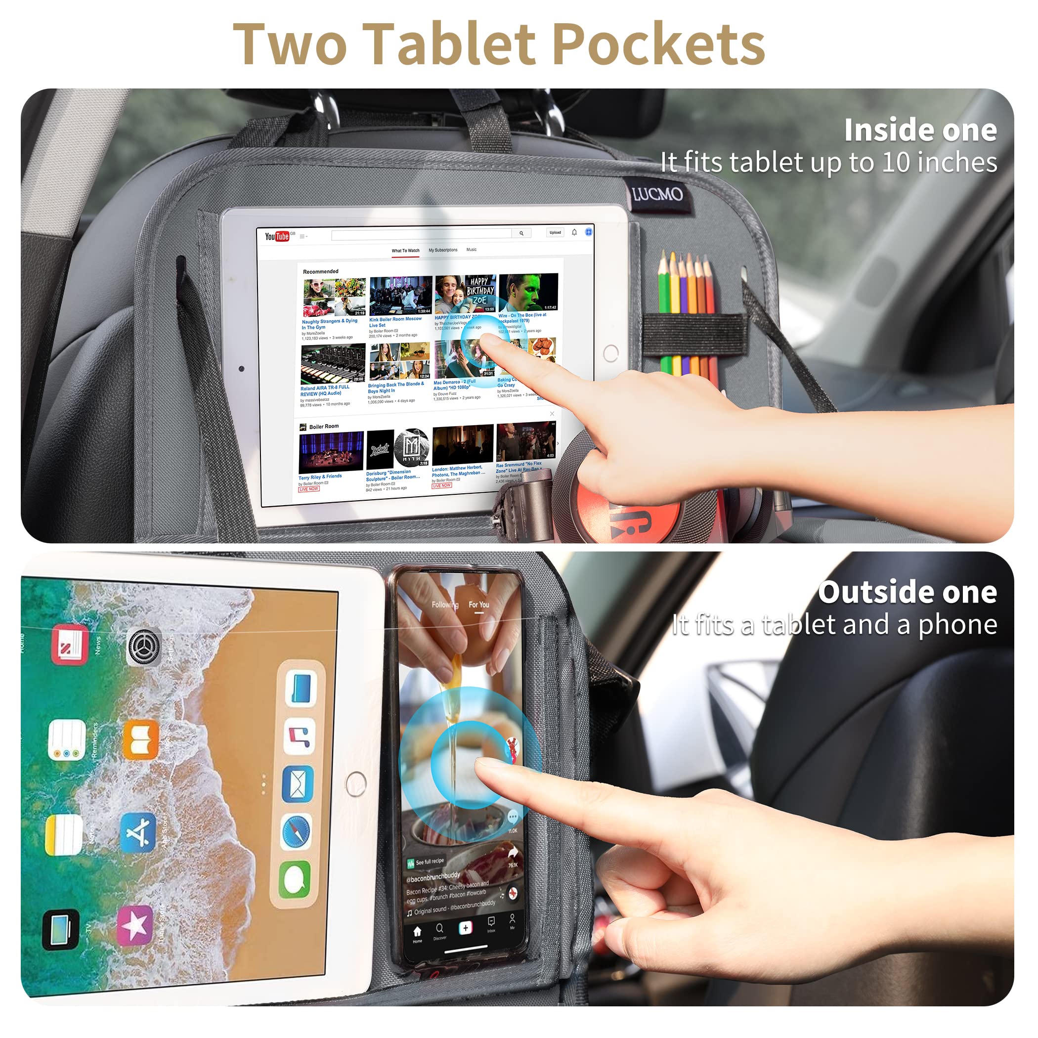 LUCMO Car Backseat Organizer with Tablet Holder & Food Tray, 6 Pockets, Grey, Model LCS-GRT3P, Durable Polyester Travel Accessory