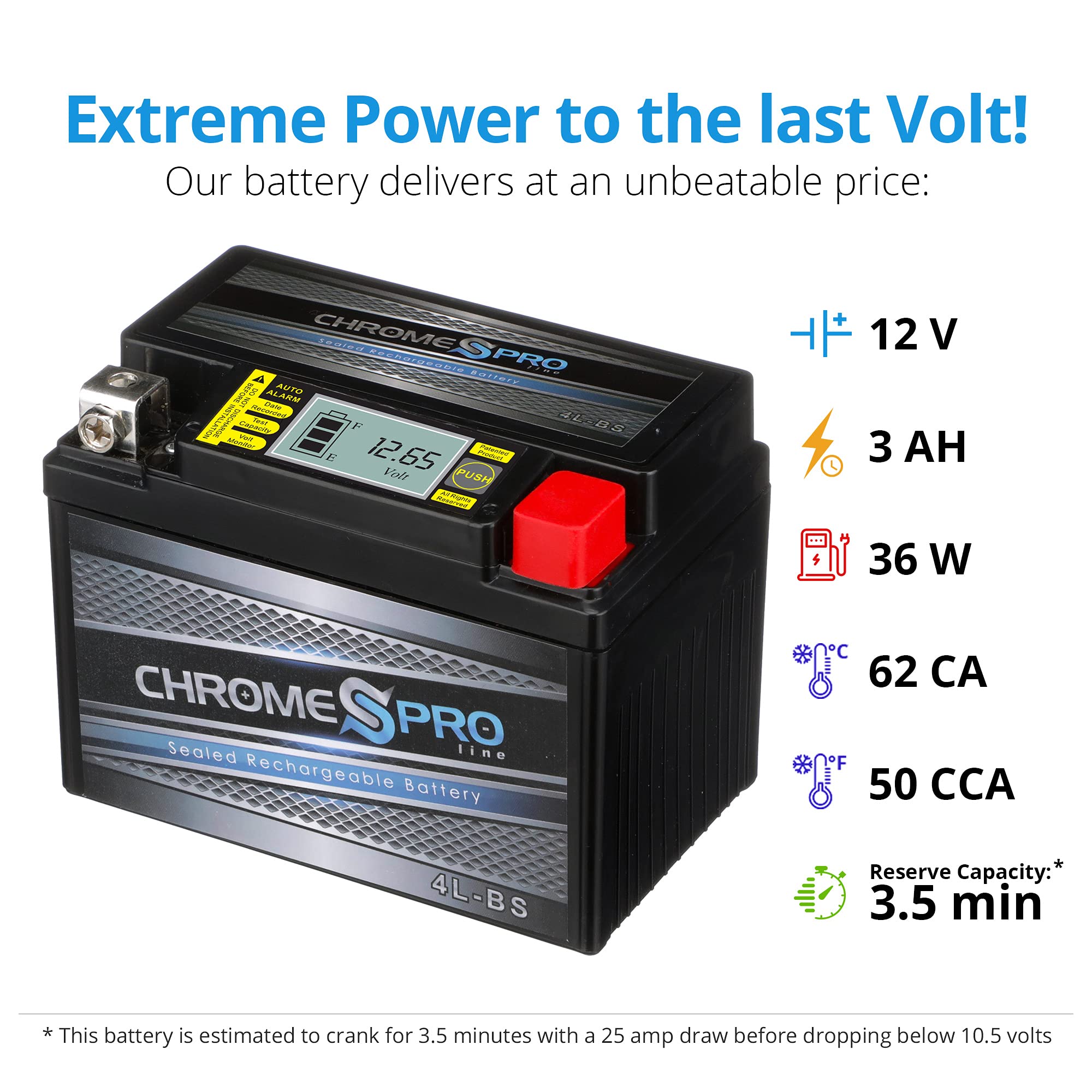 Chrome Pro YTX4L-BS iGel Battery for ATV, Motorcycle & Scooter - 12V, 4Amps, 3.2Ah, Maintenance-Free with Digital Display
