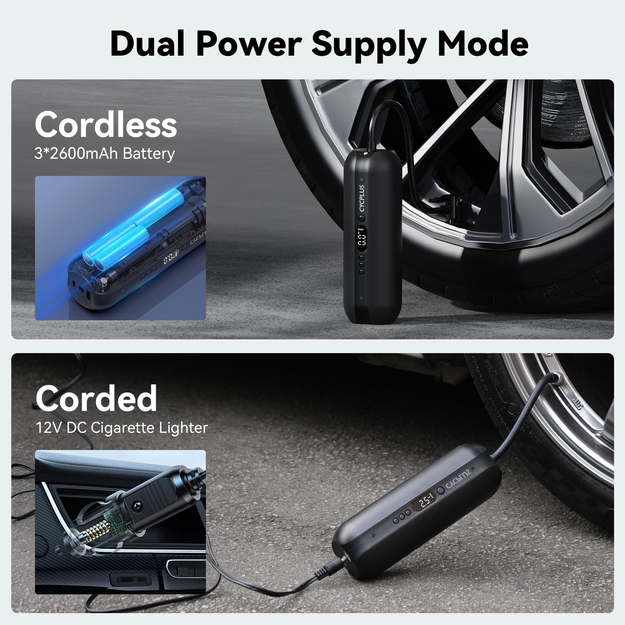 CYCPLUS Portable Tire Inflator 150PSI Air Compressor - Large Black, Model AL1, LCD Display, LED Light, DC/AC for Car/Motorcycle/E-Bike/Ball