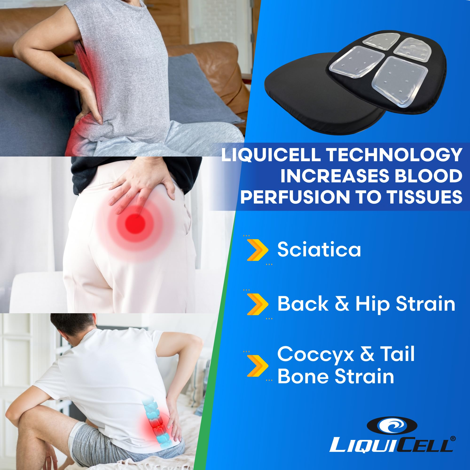 ERGO21 Original Seat Cushion - Liquicell Pressure Relief, 18" x 17" x 3", Black, for Tailbone, Sciatica, Hip & Lower Back Pain