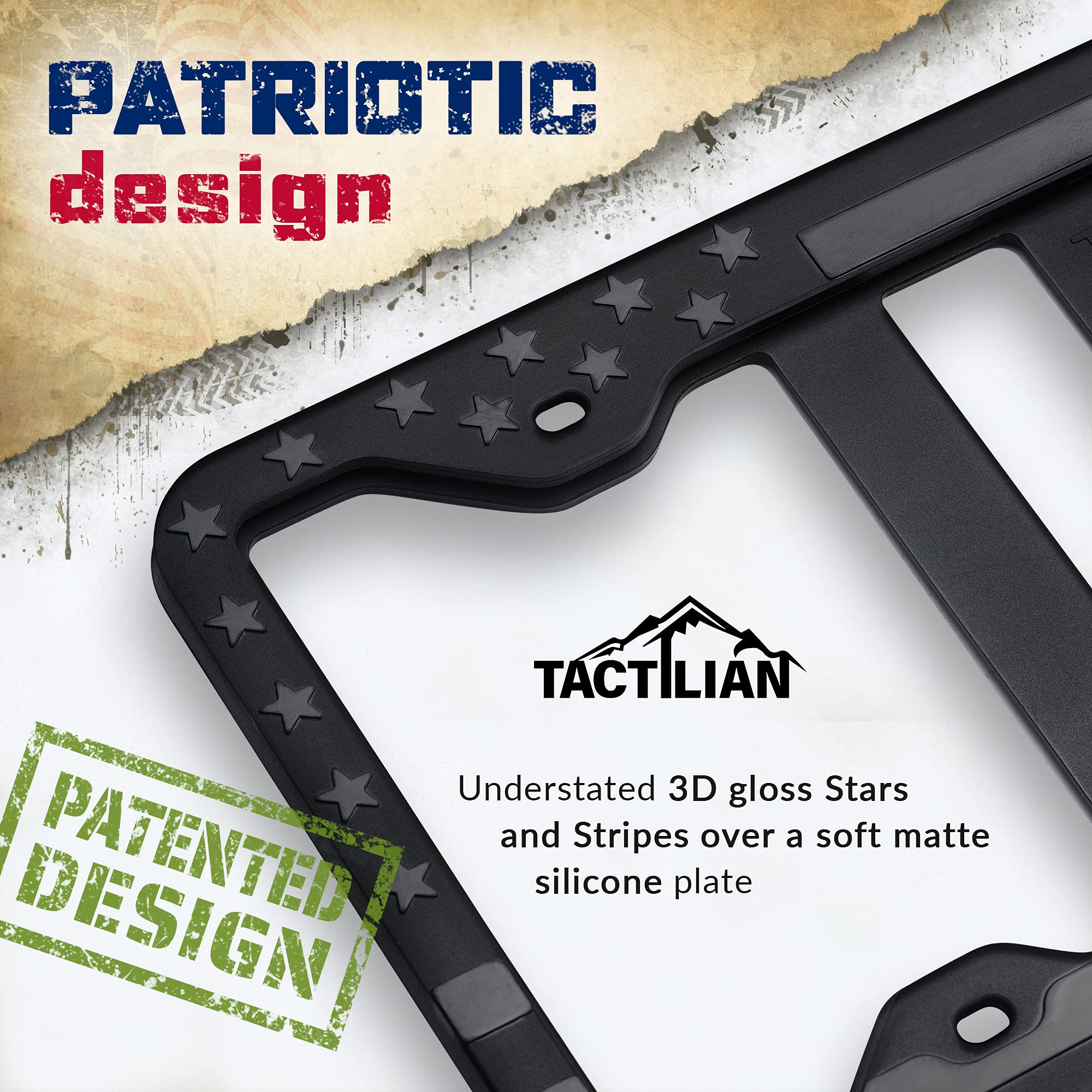 Tactilian Motorcycle License Plate Frame American Flag (Black) Anti Rattle Silicone Subdued 3D Stars And Stripes Usa Flag Gloss