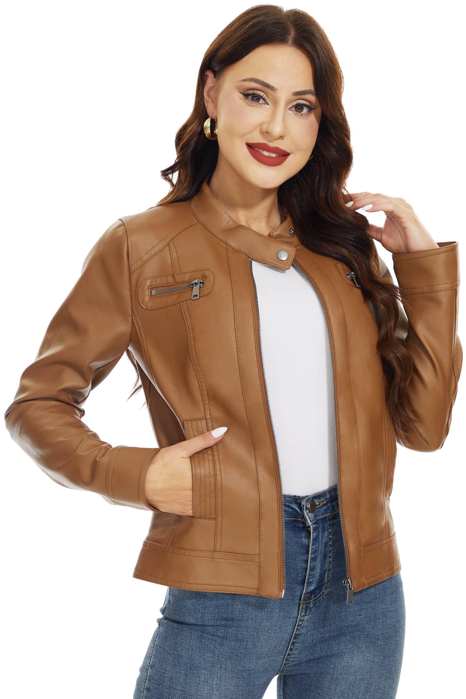Fahsyee Womens Faux Leather Jackets, Zip Up Motorcycle Short Pu Moto Biker Outwear Fitted Slim Coat Size Xxl Camel