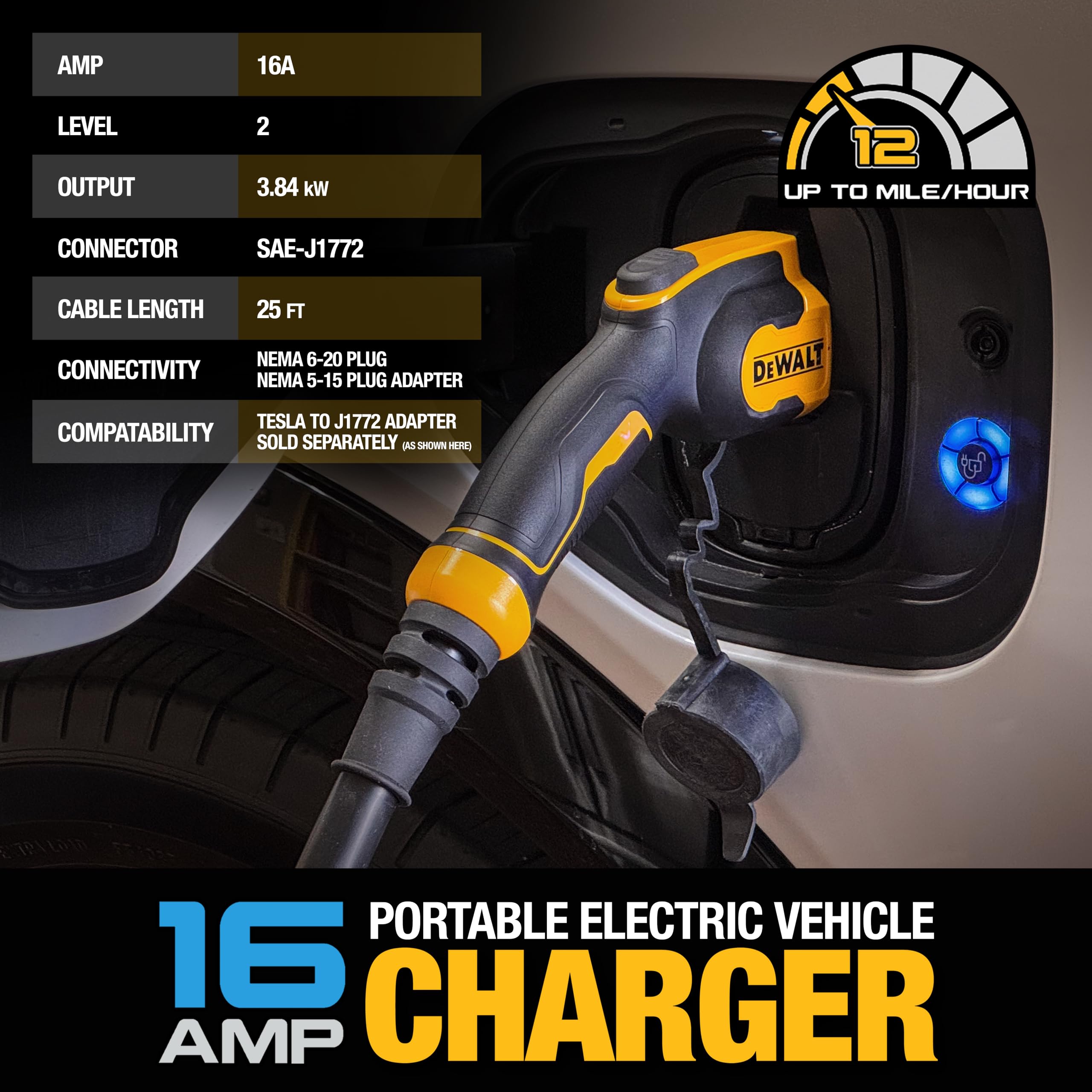 DEWALT Level 1 & 2 Portable Electric Vehicle (EV) Charger, 16 Amps, 120-240V, CSA Certified Indoor/Outdoor, NEMA 6-20 with 5-15