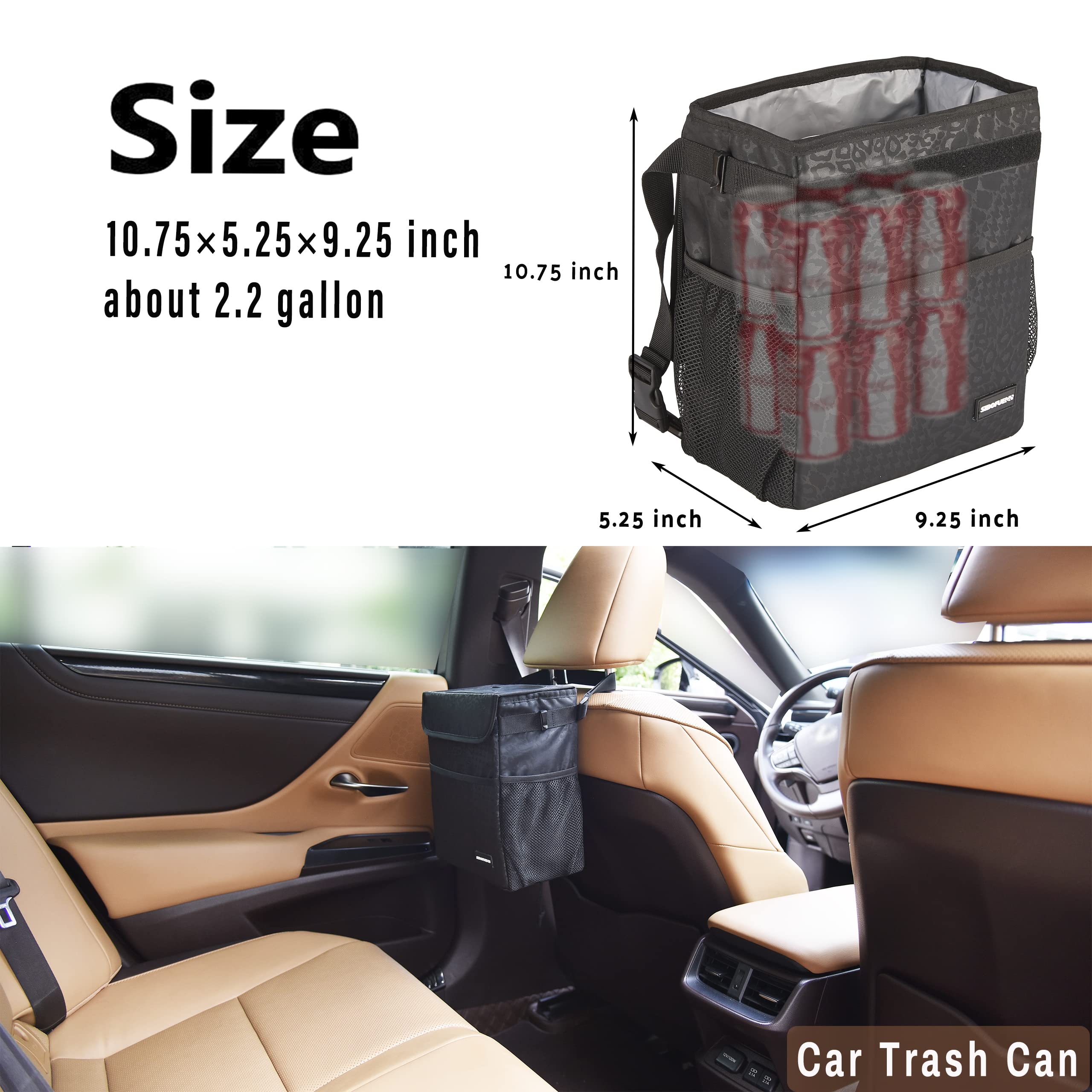 SIBOFUEGO Cute Car Trash Can - Leak Proof, Waterproof, 2.5 Gallons, Black Leopard, Collapsible with Storage Pockets, Model SIBOCTC202108