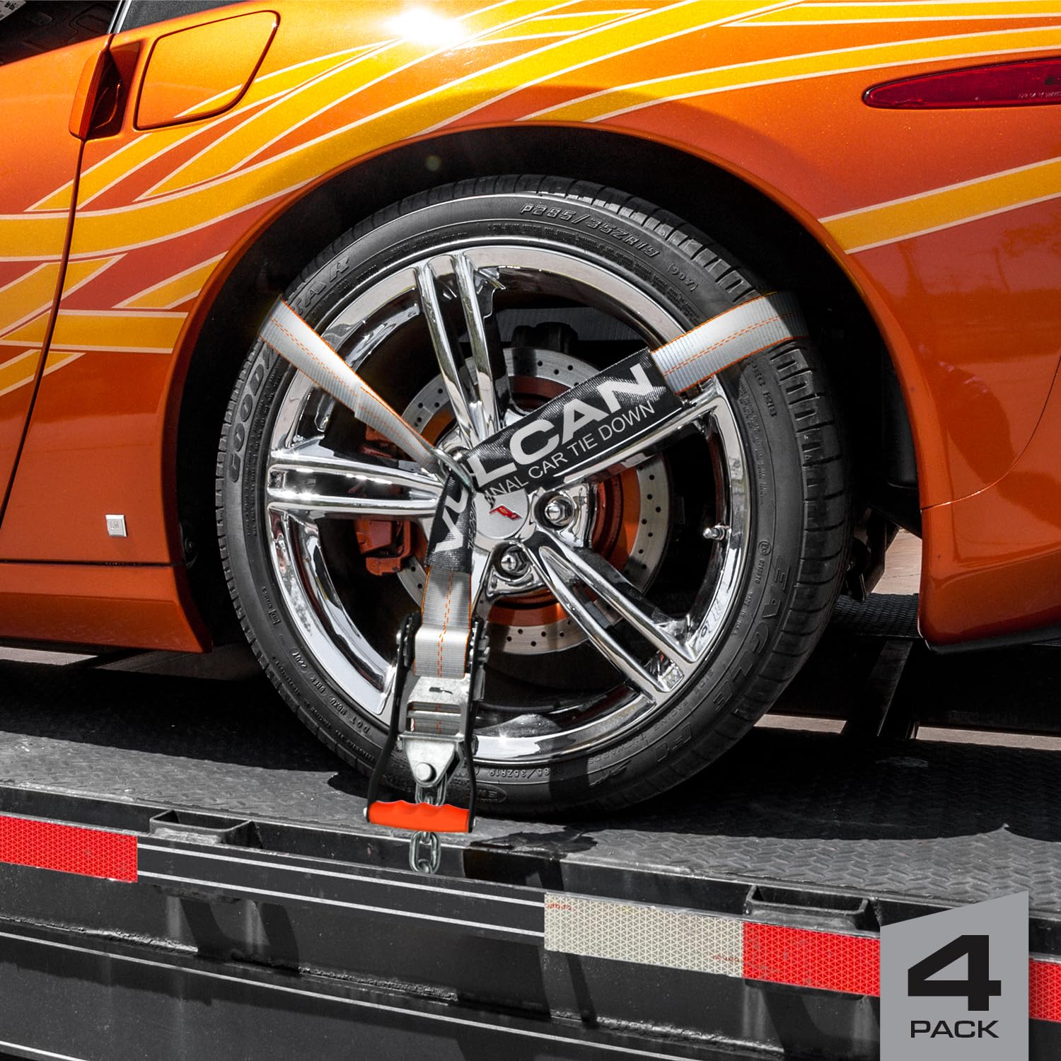 Vulcan Car Tie Down With Chain Anchors - Lasso Style - 2 Inch X 96 Inch - 4 Pack - Silver Series - 3,300 Pound Safe Working Load