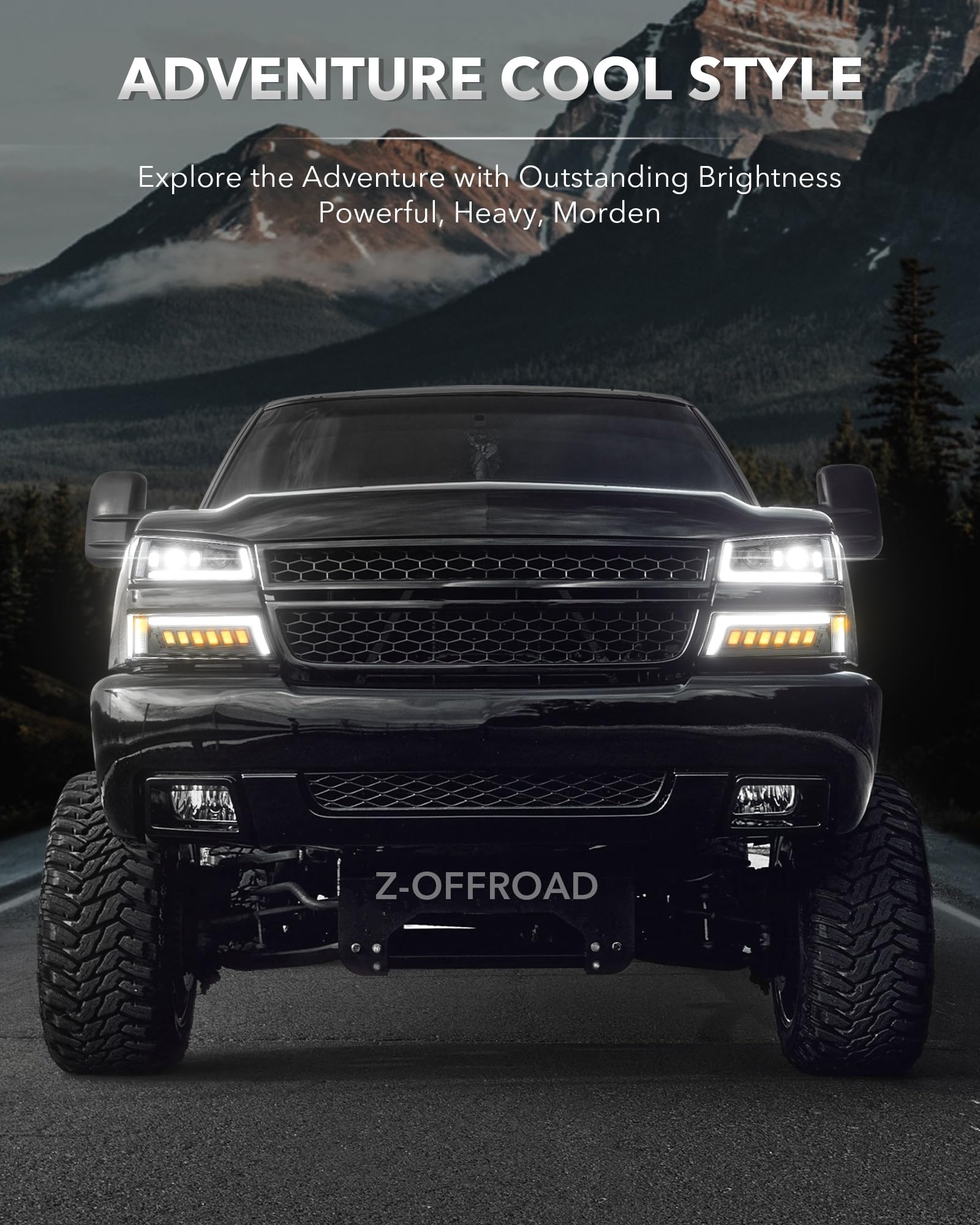 Z-OFFROAD LED Headlights Assembly, DOT Approved, Hi/Low Sealed Beam, Compatible with 2003-2006 Chevy Silverado, Black, Model SJ-0306CHHDCE24
