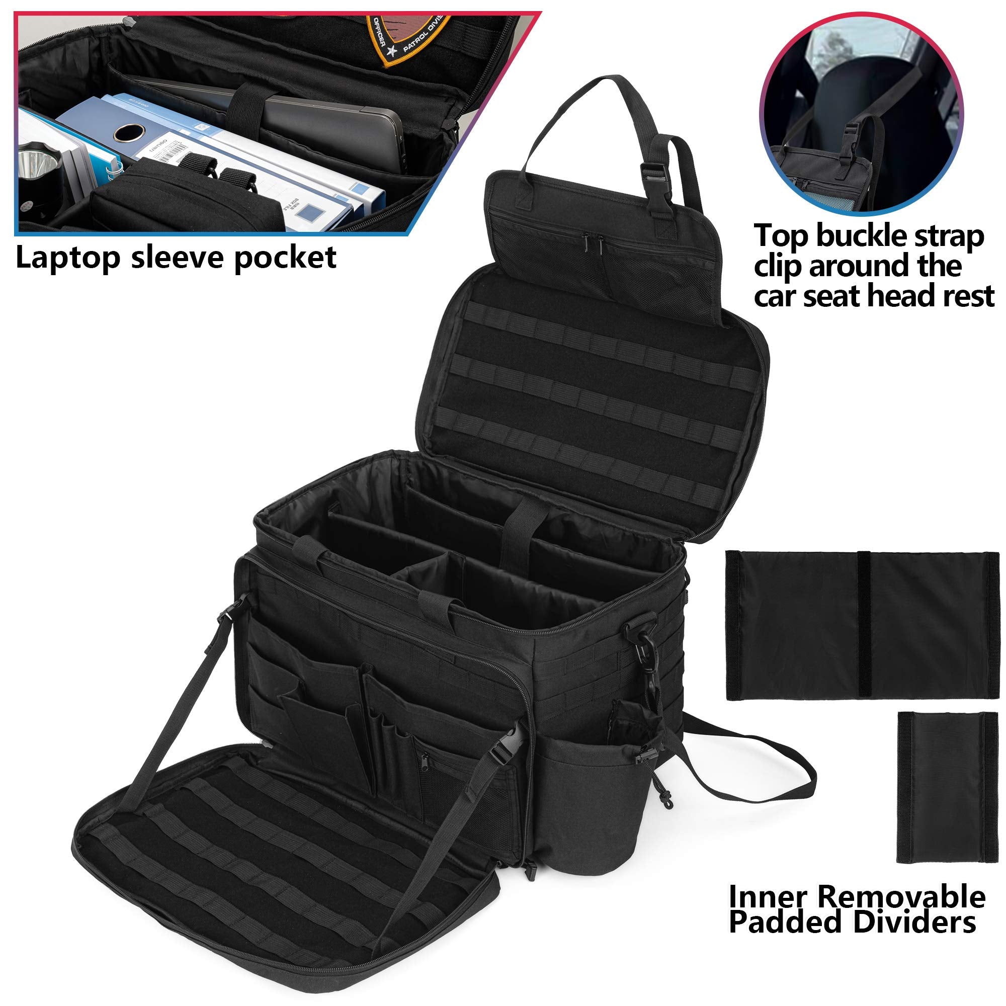 Trunab Patrol Gear Bag - MOLLE Compatible, Fits 15.6” Laptop, Black, Model TN02901, Car Front Seat Organizer for Law Enforcement