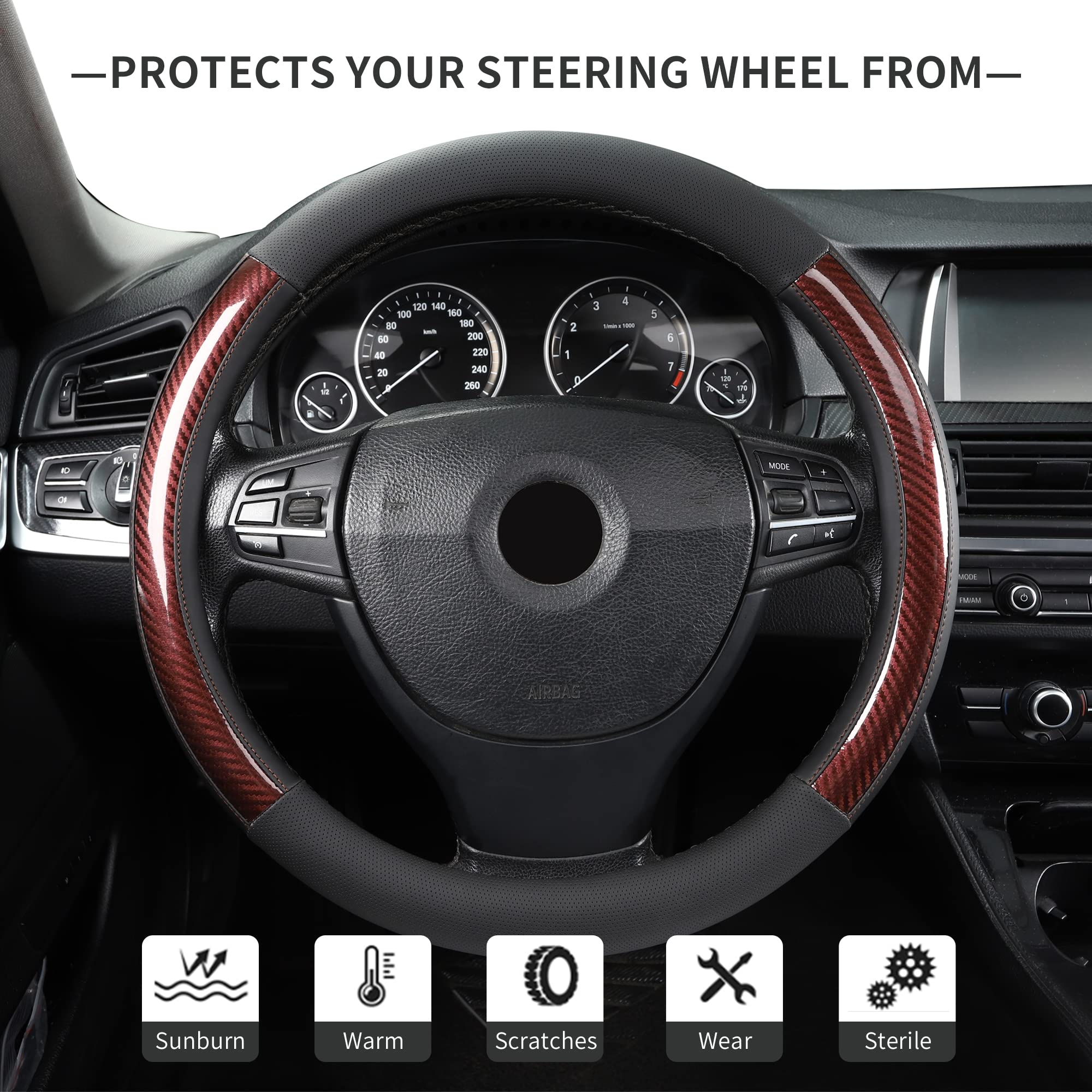 Tapha Microfiber Leather Steering Wheel Cover, 15" Universal Fit, Elastic, Nonslip, Black & Brown