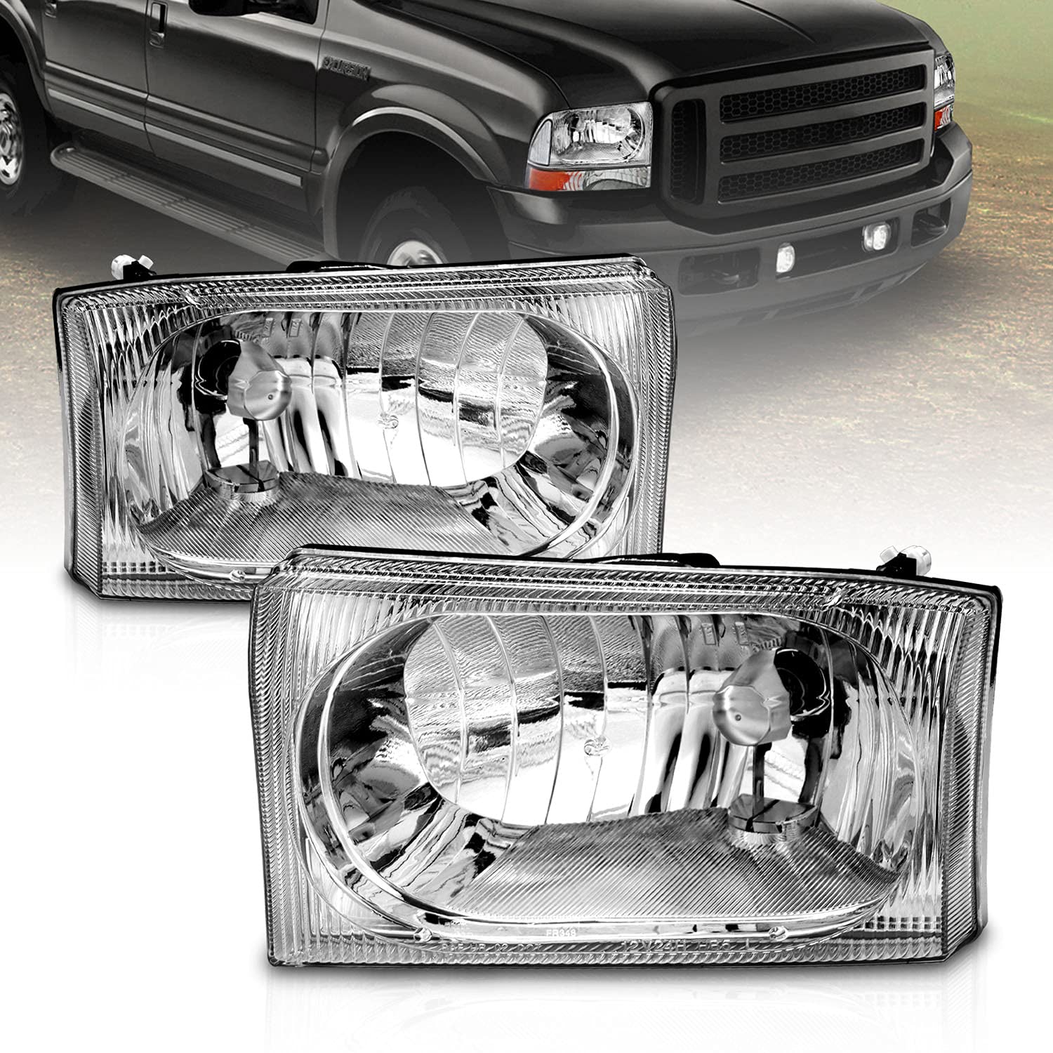AmeriLite Chrome Headlights for 1999-2004 Ford Super Duty F-250/F-350/F-450/F-550 & Excursion - Driver & Passenger Side Pair