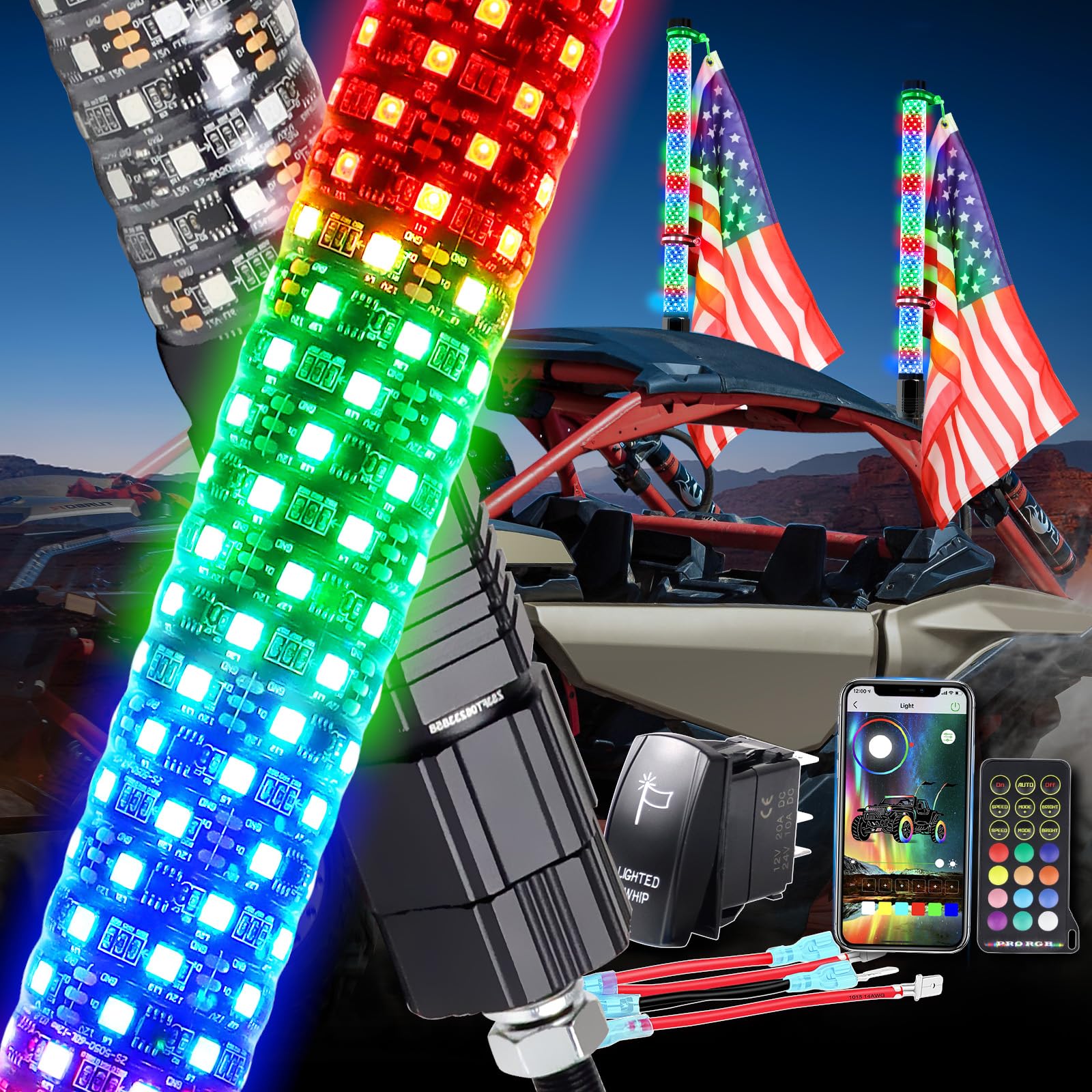 AddSafety 2PCS 2FT Fat Whip Lights UTV Whip Lights with Rocker Switch,High Brightness Antenna Whips Side by Side with Steering/B