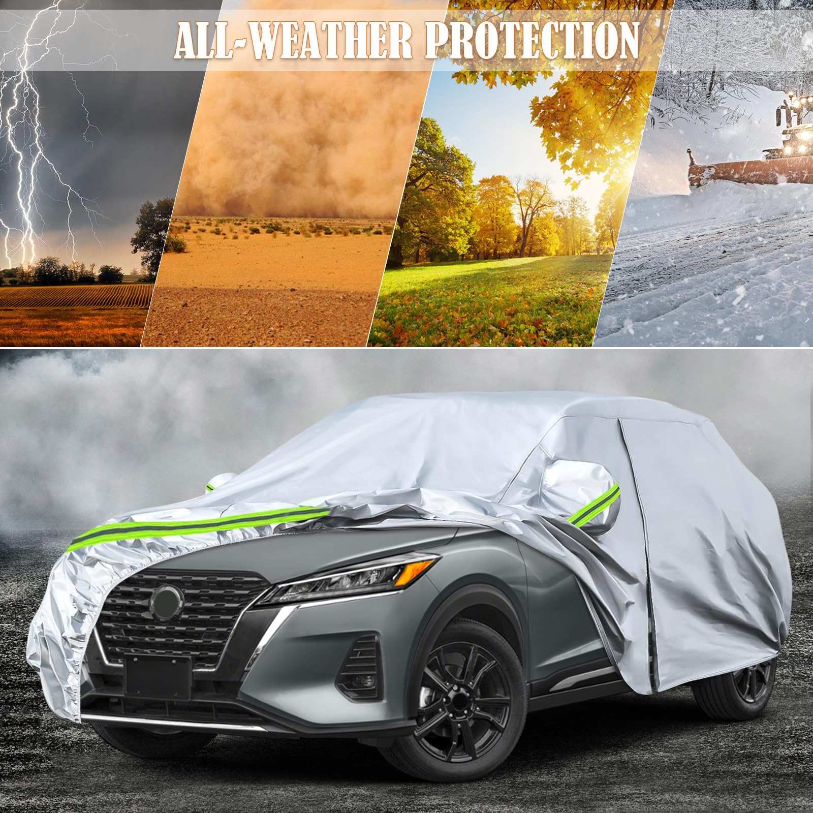 Waterproof Car Covers Replace For 2016-2025 Nissan Kicks, 6 Layers Silver All Weather Custom-Fit Car Cover With Zipper Door & Wi