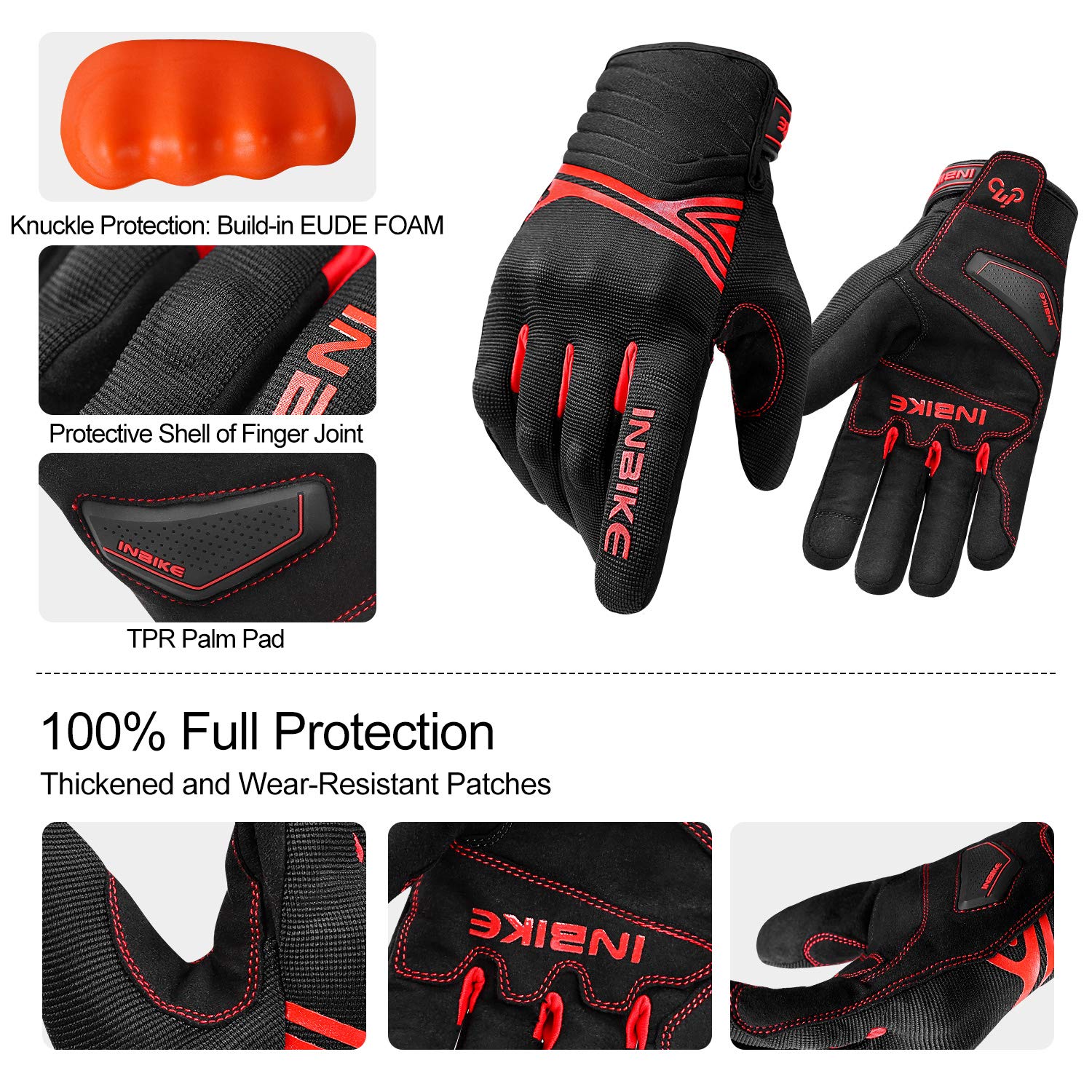 Inbike Waterproof Winter Motorcycle Gloves Thermal Fleece Touchscreen With Tpr Palm Pad Cushioning Hard Knuckle Red X-Large