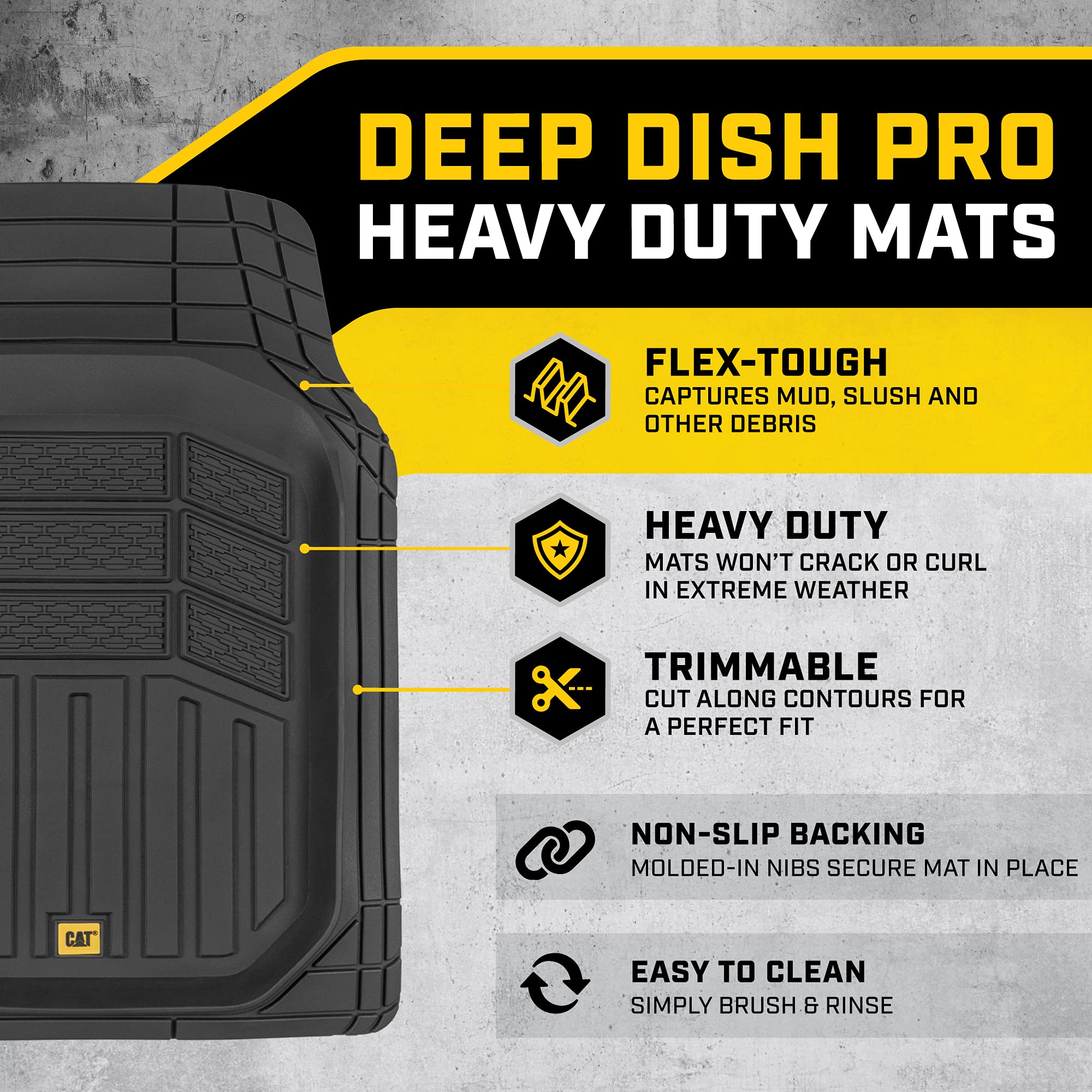 CAT Heavy Duty Deep Dish Rubber Floor Mats, 3-Piece All Weather Protection, Black, Model CAMT-9013-BK