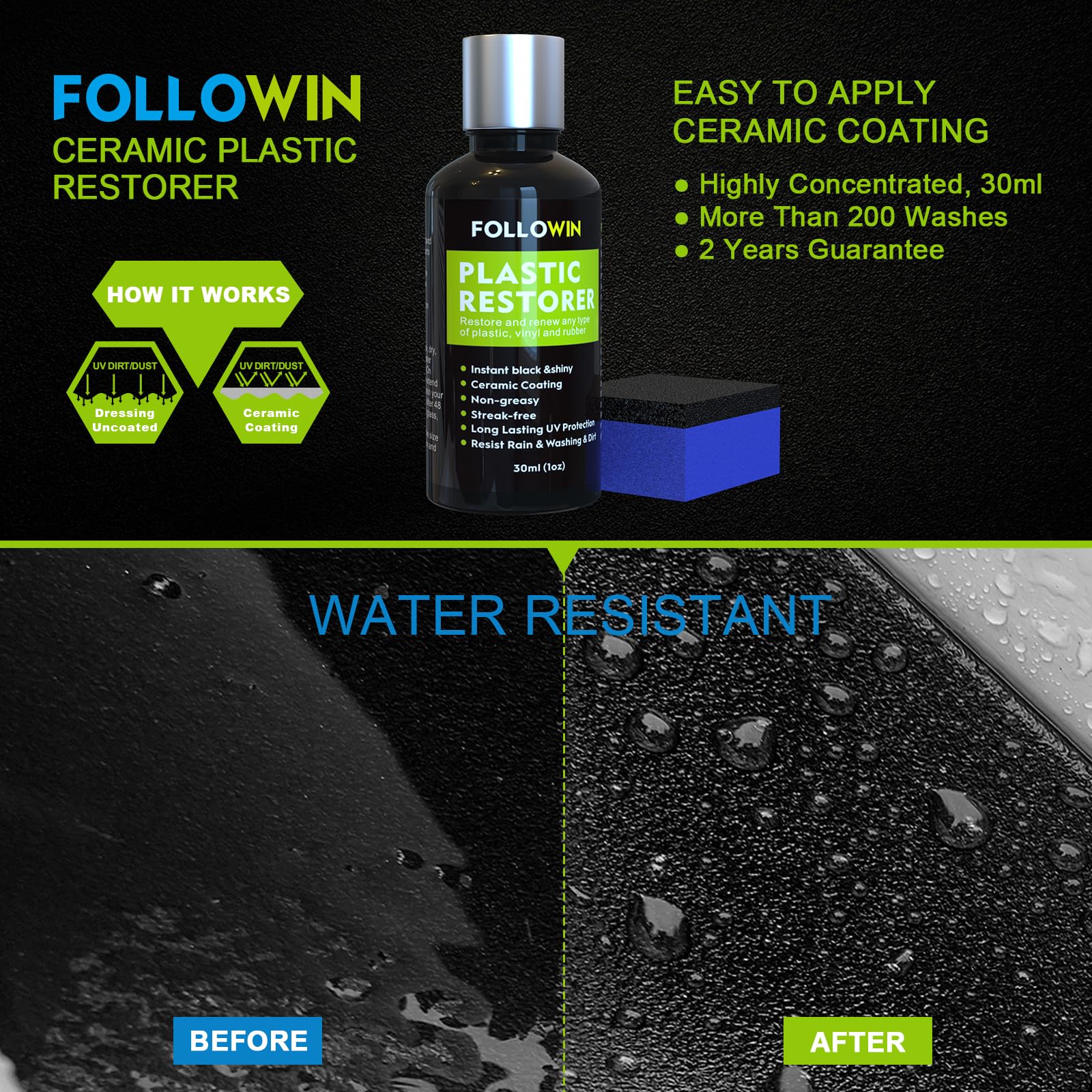 FOLLOWIN Plastic Restorer - Ceramic Coating for Cars, Hydrophobic Trim, 30ml, Clear, Model AU002-01
