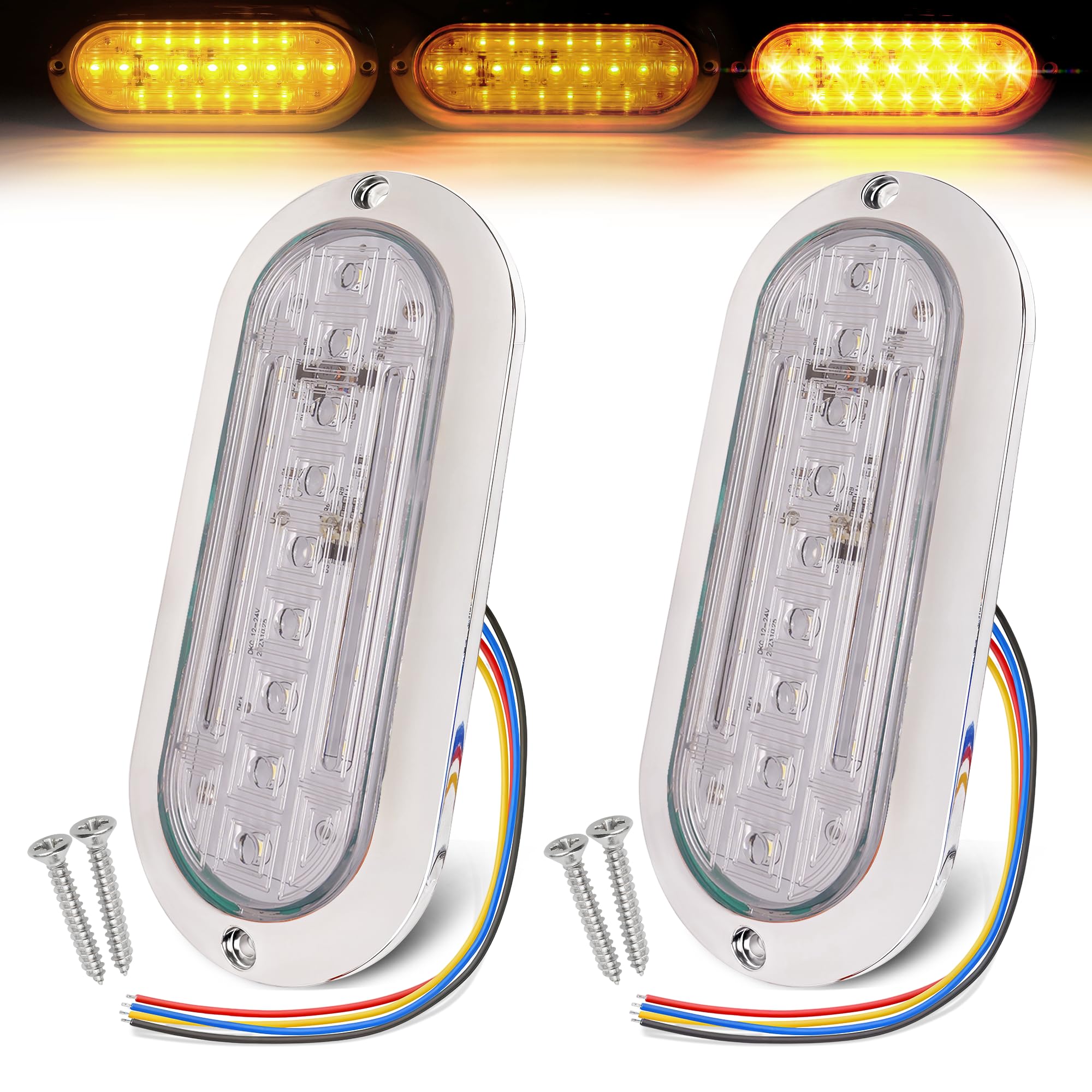 MADCATZ 2 Pcs of 6 Inch Clear Lens Amber Oval LED Strobe Light, 21 LEDs with High/Low/Flash Modes 4 Wires w/Chrome Bezel Stop Tu