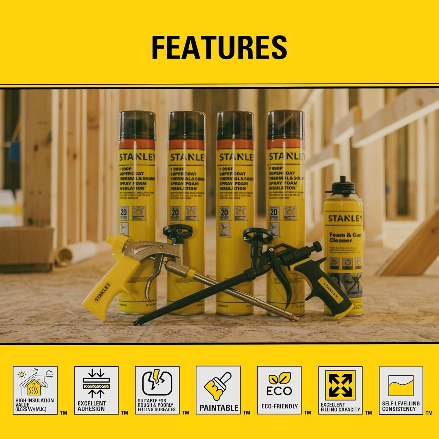 STANLEY F 990P Closed Cell Spray Foam Insulation Kit, 27.1 oz, 6 Pack, Polyurethane Foam, Covers Up to 120 Sq.Ft., Includes Gun &