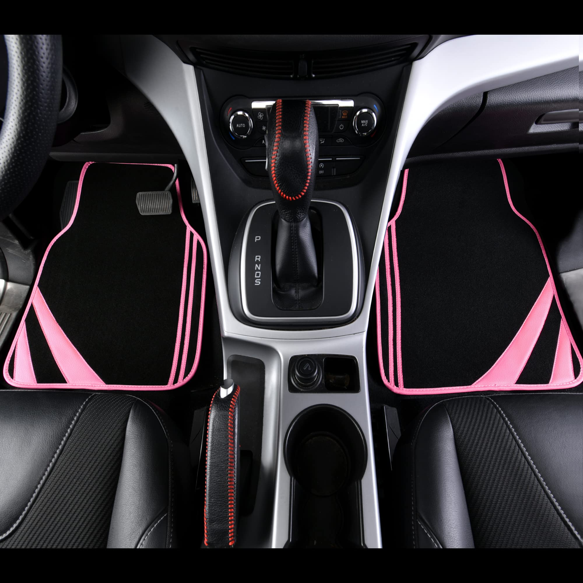 Car Pass Pink Edge Faux Leather Car Floor Mats Universal Car Carpet Mats With Double Stitch Line Anti-Slip Backing Design, For C