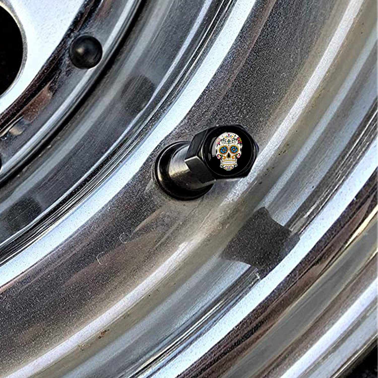 Metal Car Wheel Tire Valve Stem Caps 4 Pack Cool Sugar Skull Pattern Aluminum Car Tire Air Valve Caps For Cars, Trucks, Bikes, M