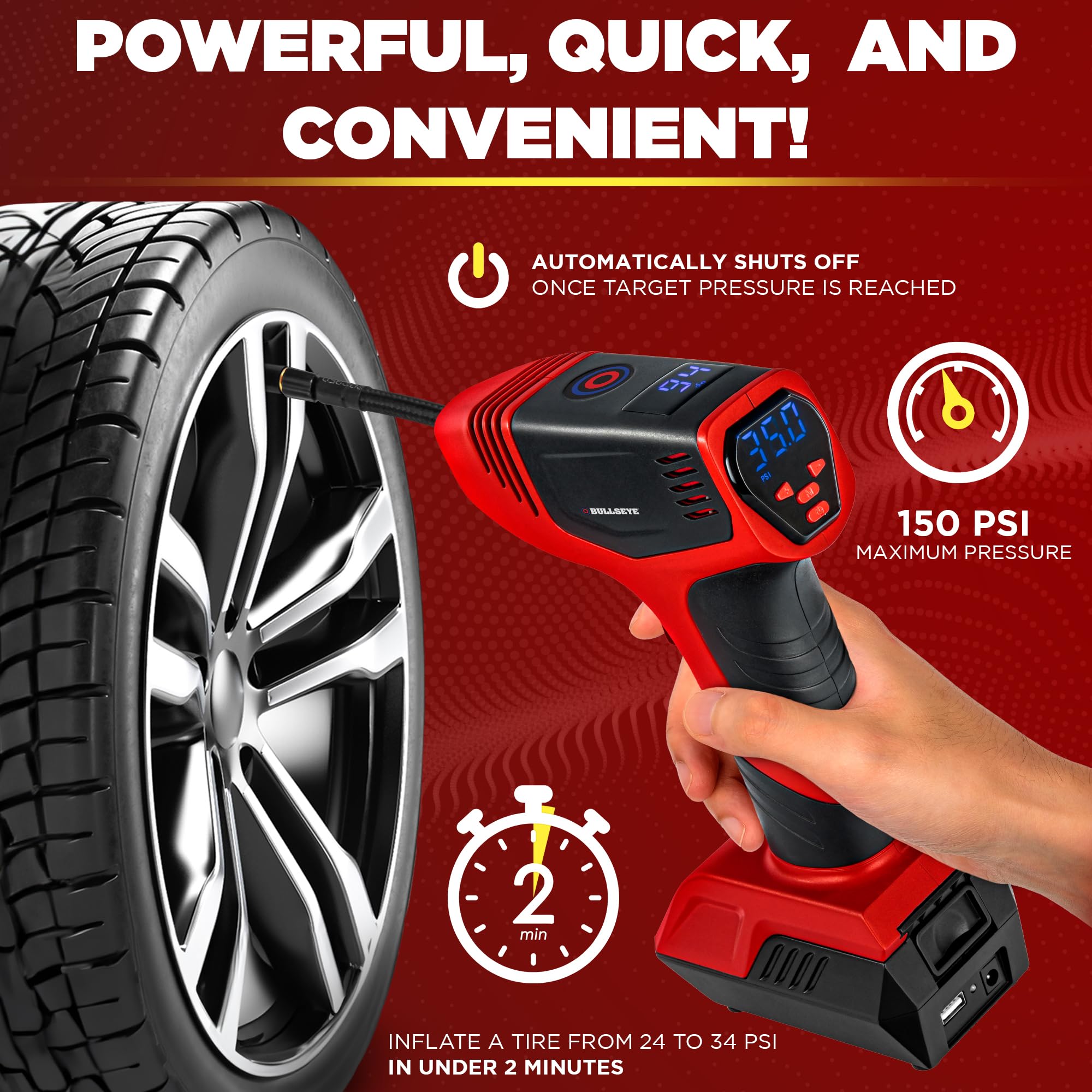 EMSON Bullseye Pro Max Tire Inflator, 150PSI Portable Air Compressor, Red, Model 1745, Rechargeable, for Car Tires