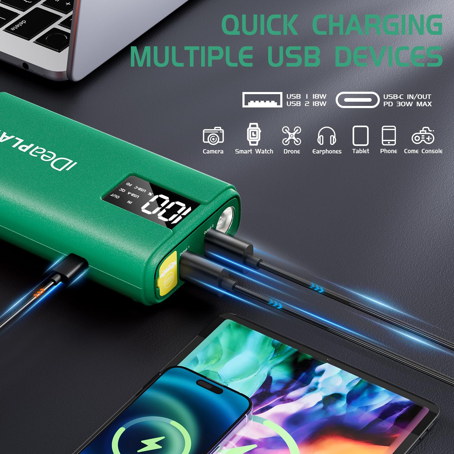 IDEAPLAY J10 Jump Starter - 2000A Portable Car Battery Jumper for 8.0L Gas & 7.0L Diesel Engines, Green, Type C Fast Charging, LED