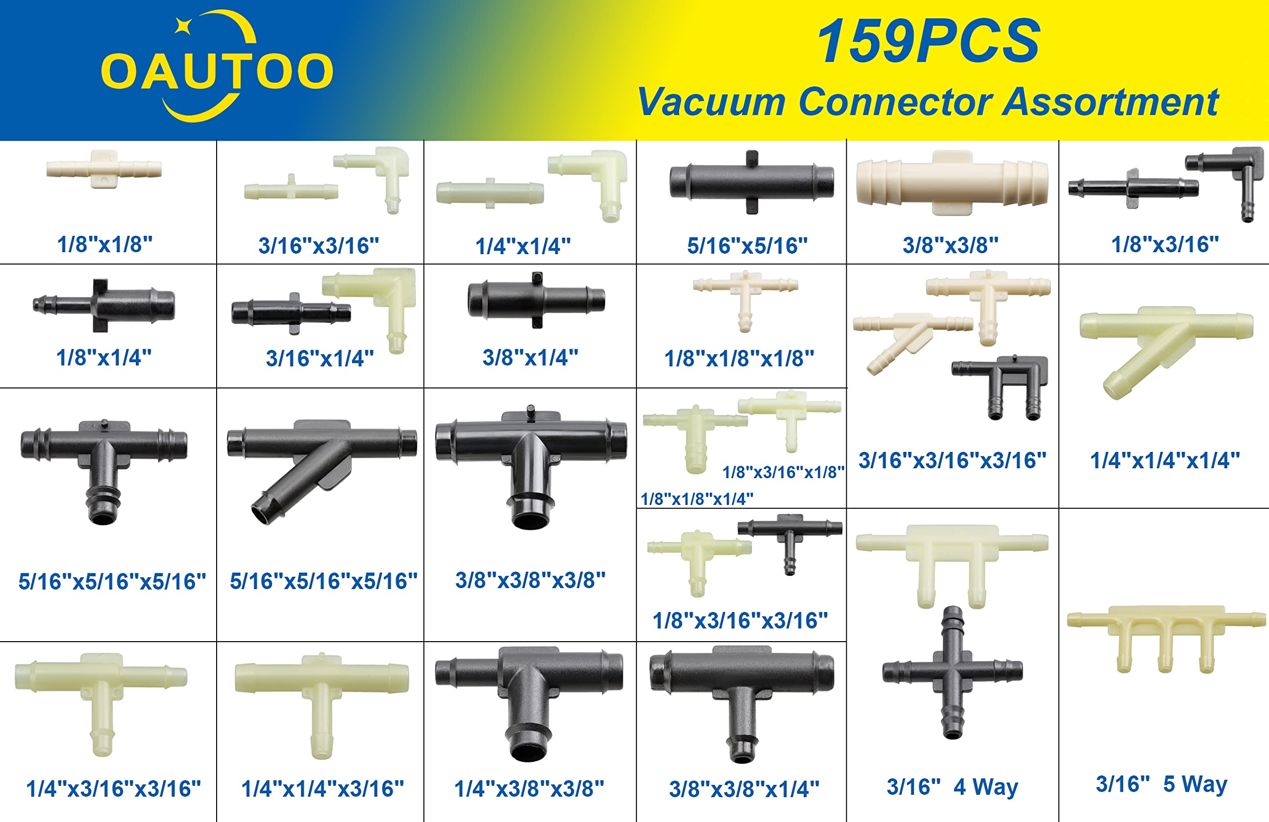 Oautoo 32 Size Automotive Vacuum Tubing Connector Vacuum Tee Connector Assortment Kit 1/8'' 3/16'' 1/4'' 5/16'' 3/8''
