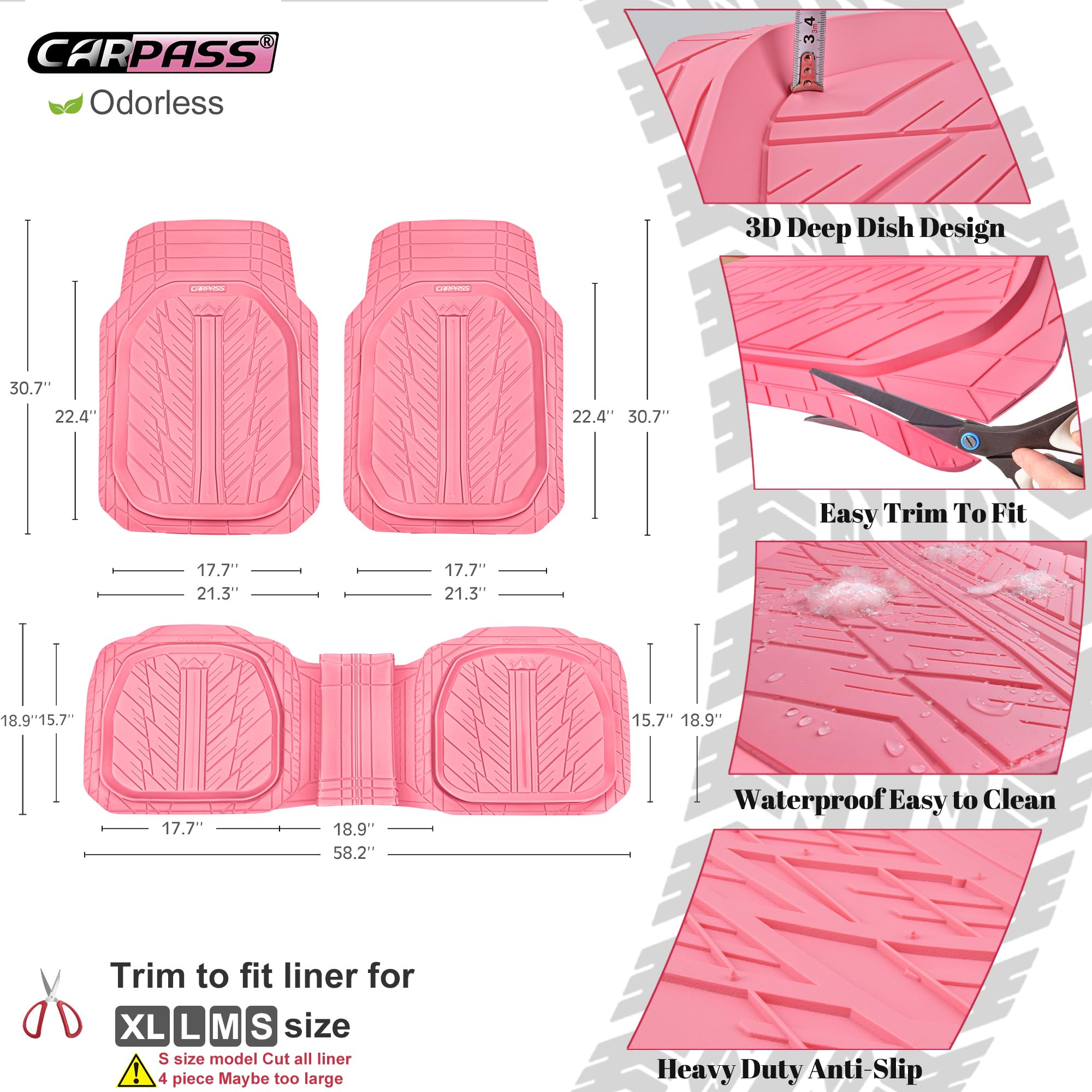 CAR PASS Heavy Duty Pink Rubber Floor Mats Set - Universal Fit, All-Weather, 3-Piece, JD618-PK1-3P for Cars, Trucks, SUVs
