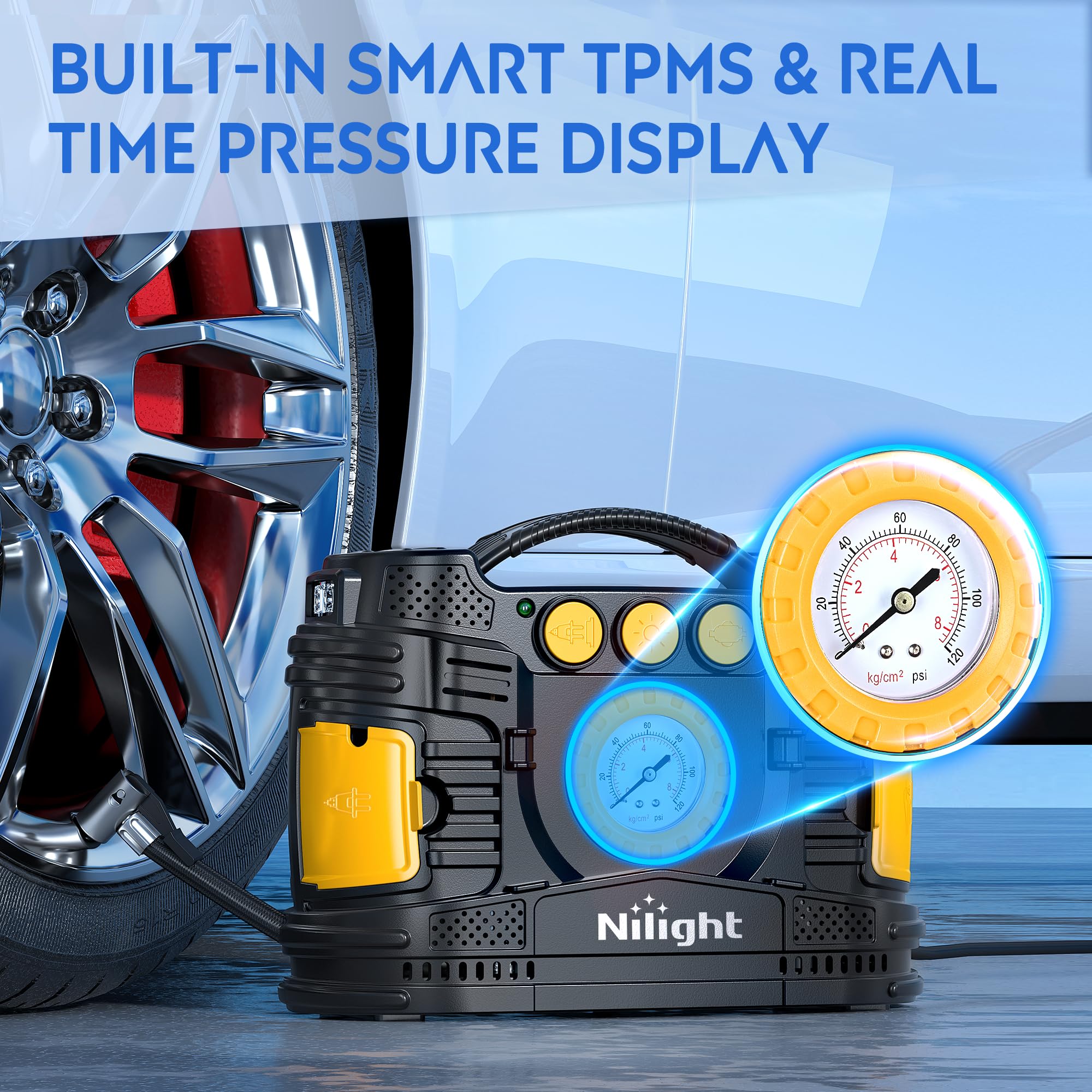Nilight Tire Inflator Portable Air Compressor Dual Power For Car 12V Dc Home 110V Ac Tire Pump W/Analog Pressure Gauge Fast Infl