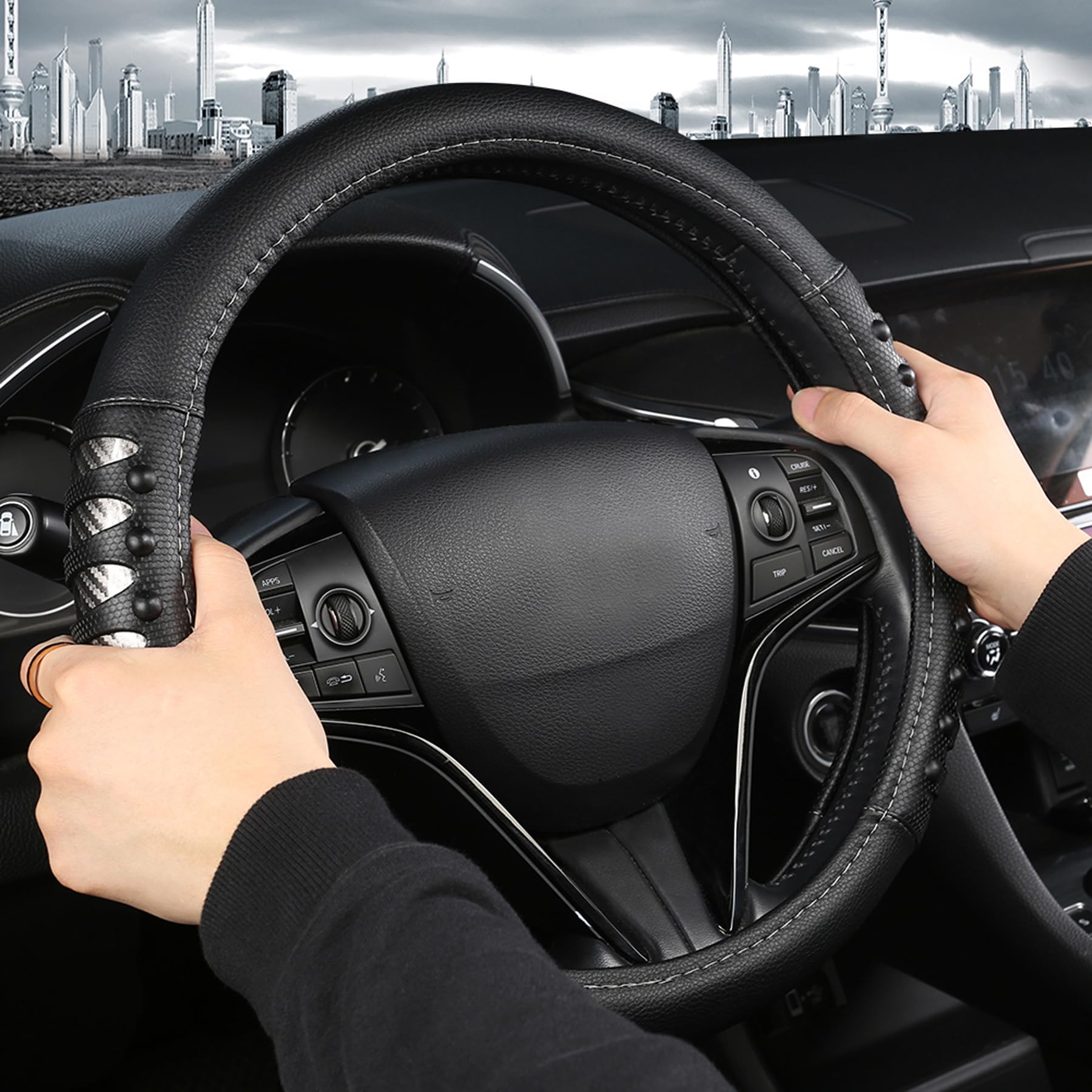 West Llama Microfiber Leather Car Steering Wheel Cover For Men Women,Universal Fit 15.5-16 Inch(Leather Nails-Gray+Black-Large S