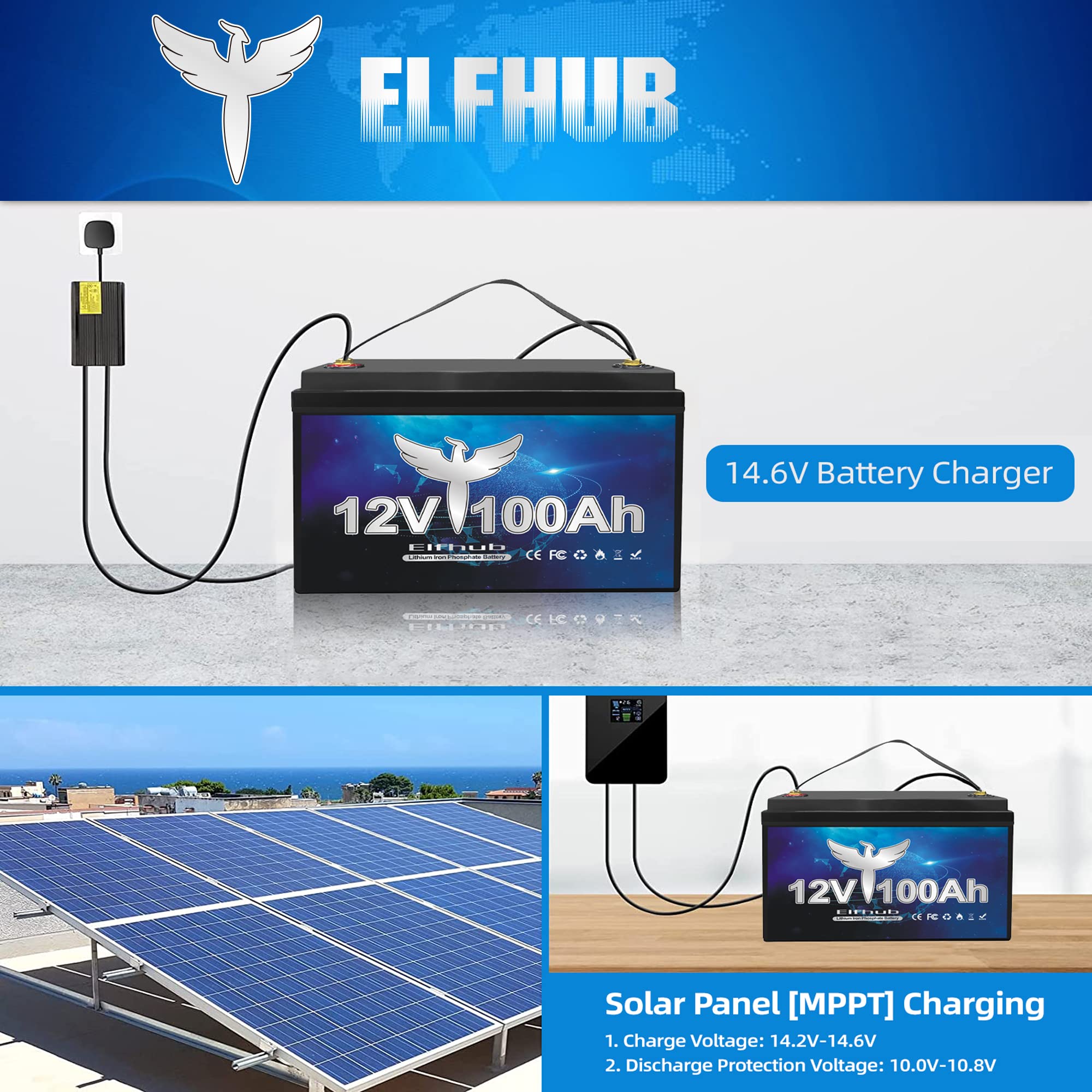 Elfhub 12V 100Ah LiFePO4 Lithium Battery with 100A BMS, 1280Wh Energy, Model ELFB332, Perfect for RVs and Solar Applications