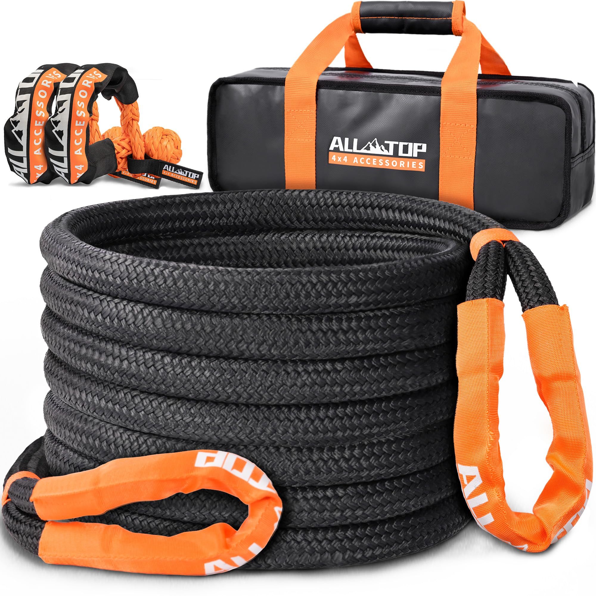 All-Top Kinetic Recovery Rope, 48000Lbs, 1In X 30Ft, Heavy Duty 30+% Elasticity, 16000Lbs Work Load Limit For 4X4 Offroad Vehicl