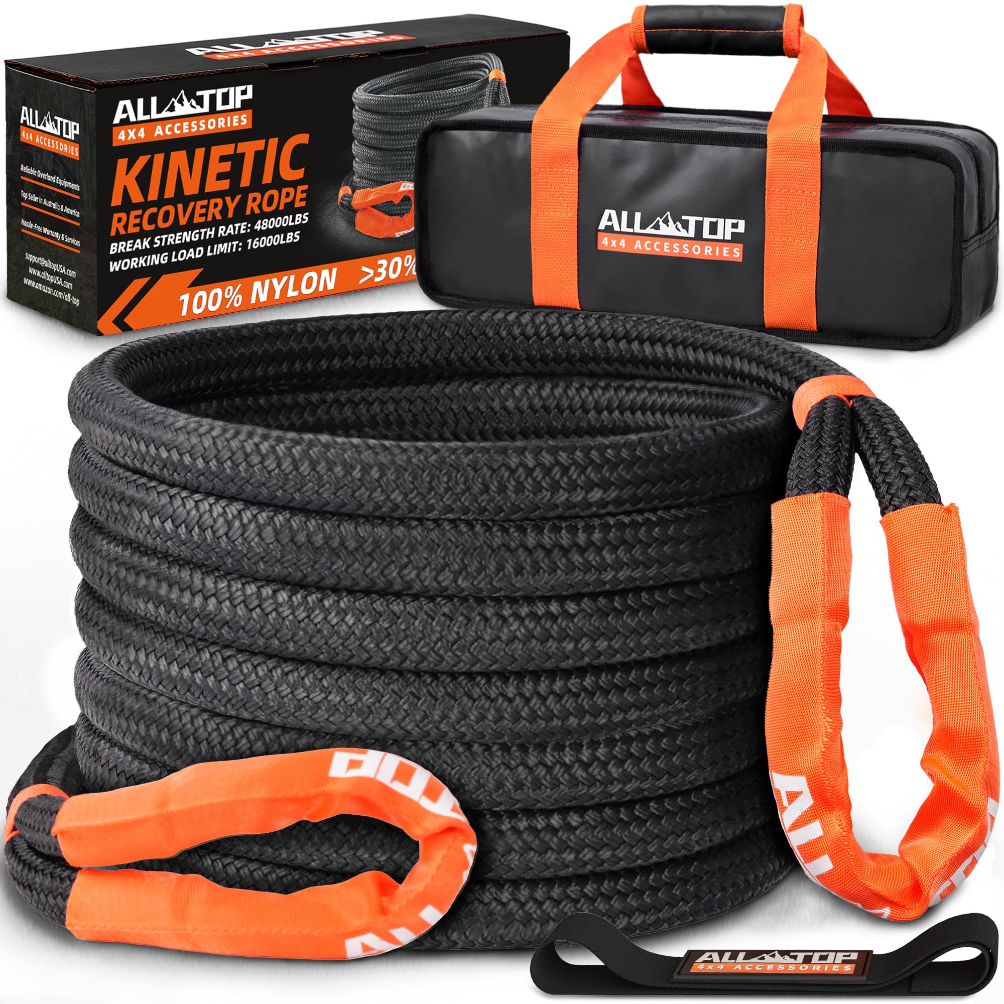 All-Top Kinetic Recovery Rope, 48000Lbs, 1In X 20Ft, Heavy Duty 30+% Elasticity, 16000Lbs Work Load Limit For 4X4 Offroad Vehicl