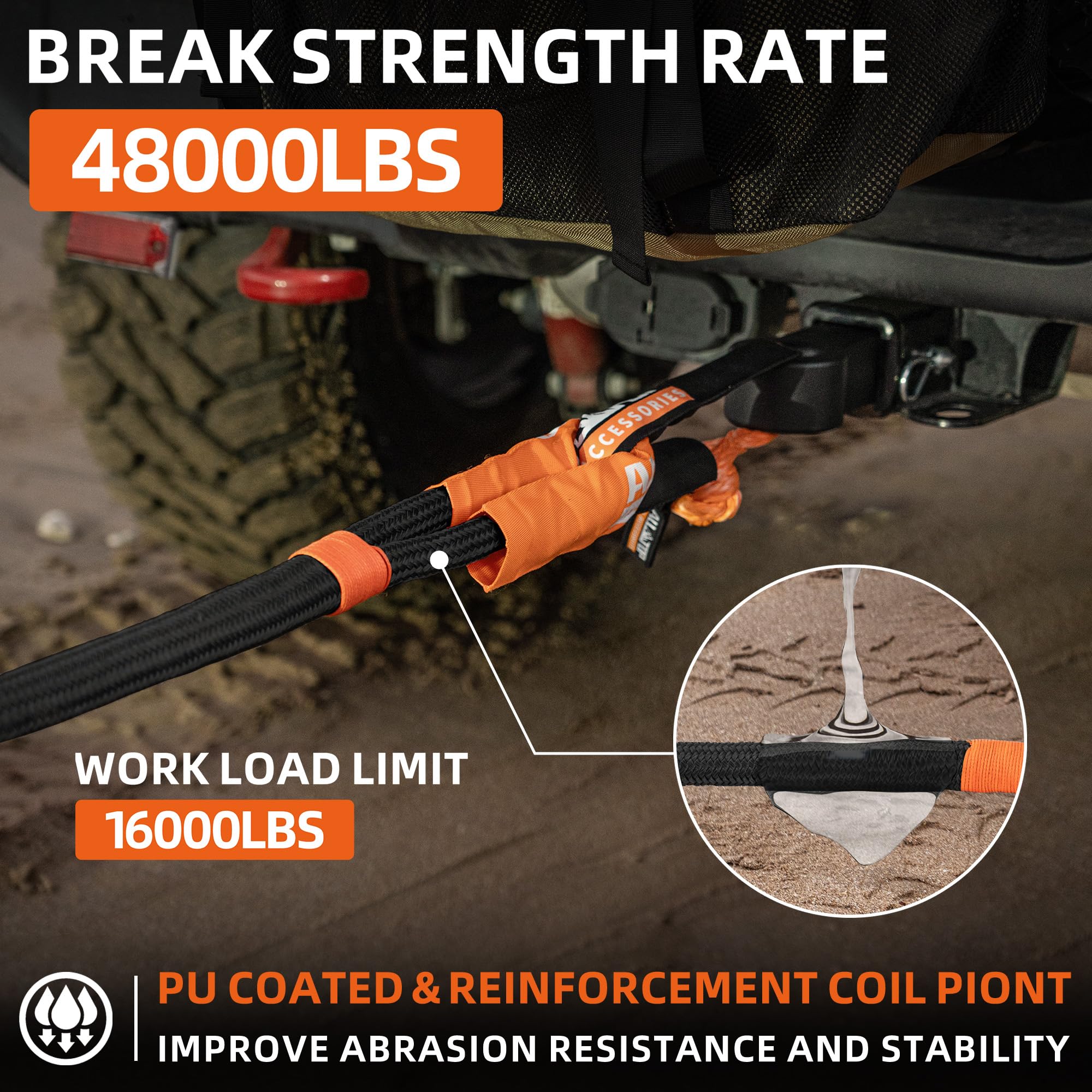 All-Top Kinetic Recovery Rope Kit W/ 2 Soft Shackles, 48000Lbs, 1In X 30Ft, Heavy Duty 30+% Elasticity, 16000Lbs Work Load Limit