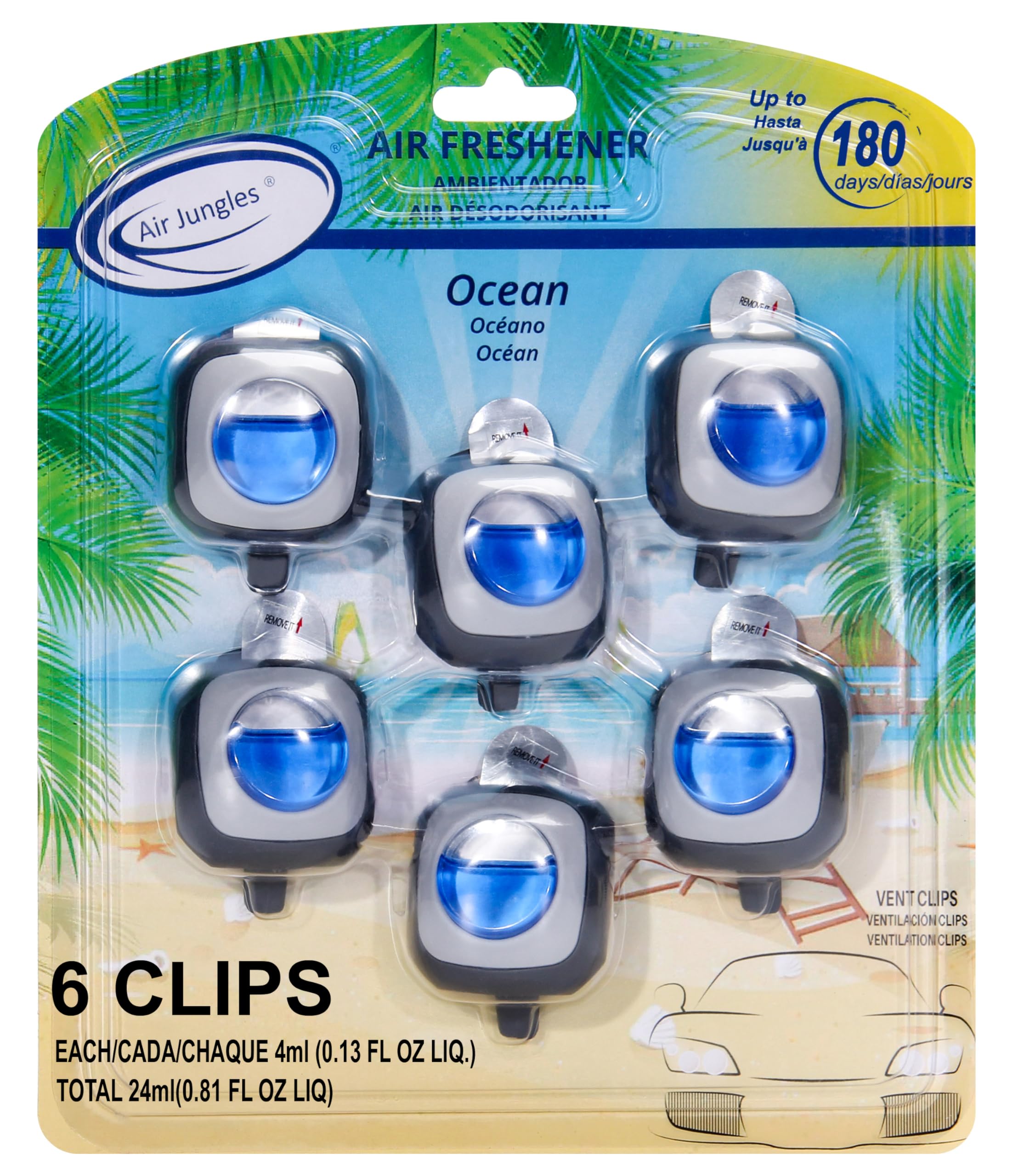 Air Jungles Ocean Scent Car Air Freshener Clip, 6 Vent Clips, 4Ml Each, Long Lasting Air Freshener, Up To 180 Days Car Refresher