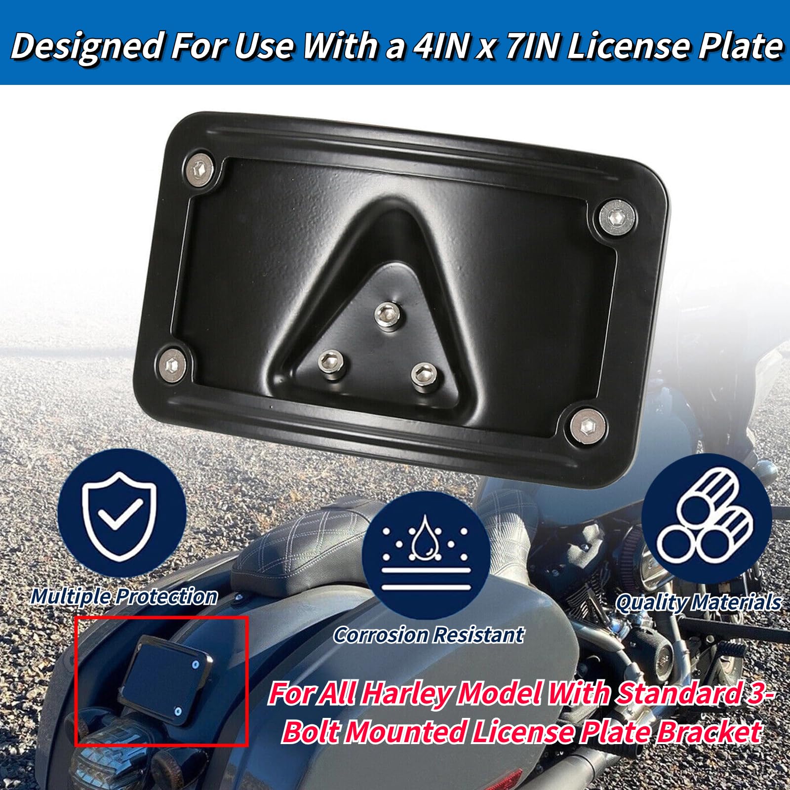 3149 Upgrade Curved Laydown License Plate Mount with Frame Compatible with Harley Davidson 3 Hole Mount (Carbon Fiber)