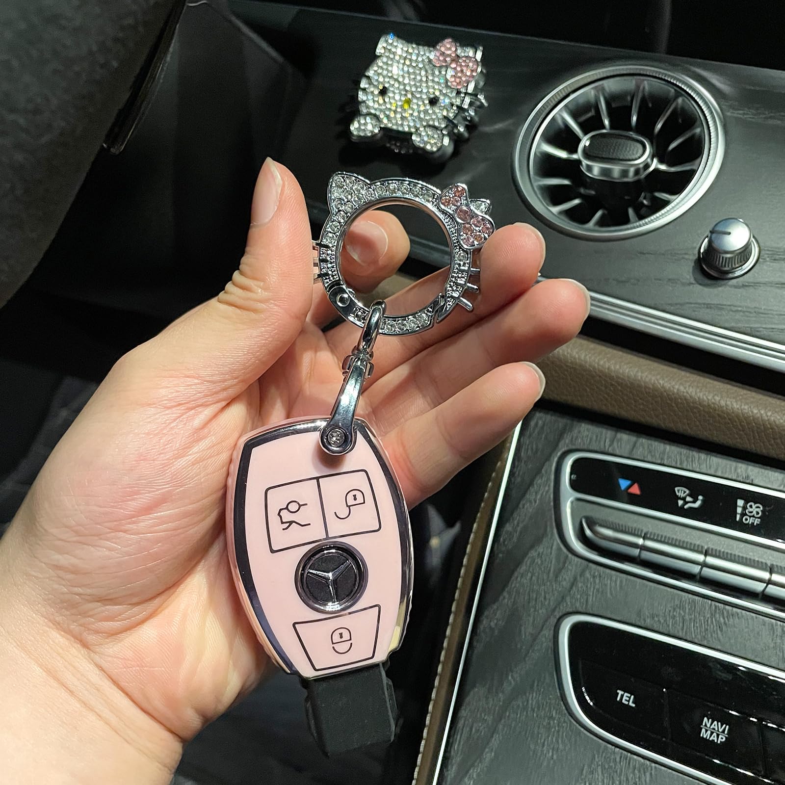 Pangpai Pink Car Accessories 3 Pcs For Mercedes Benz C E S M Cls Clk G Class Key Fob Cover With Bling Keychain Cute Push To Star