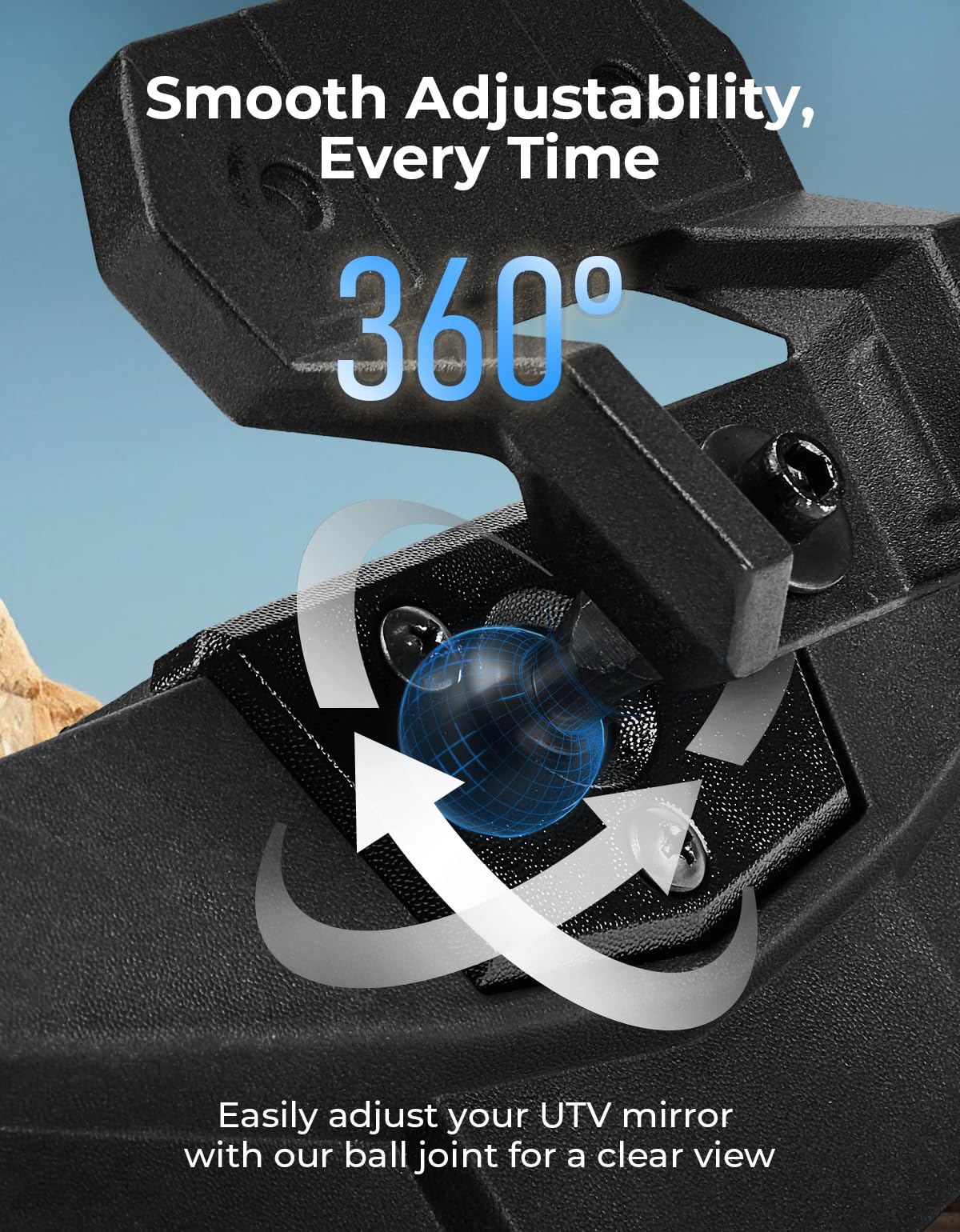 kemimoto UTV Center Mirror - Clear View, 360° Adjustable, Rustproof Aluminum Clamp, Compatible with Polaris RZR, Black