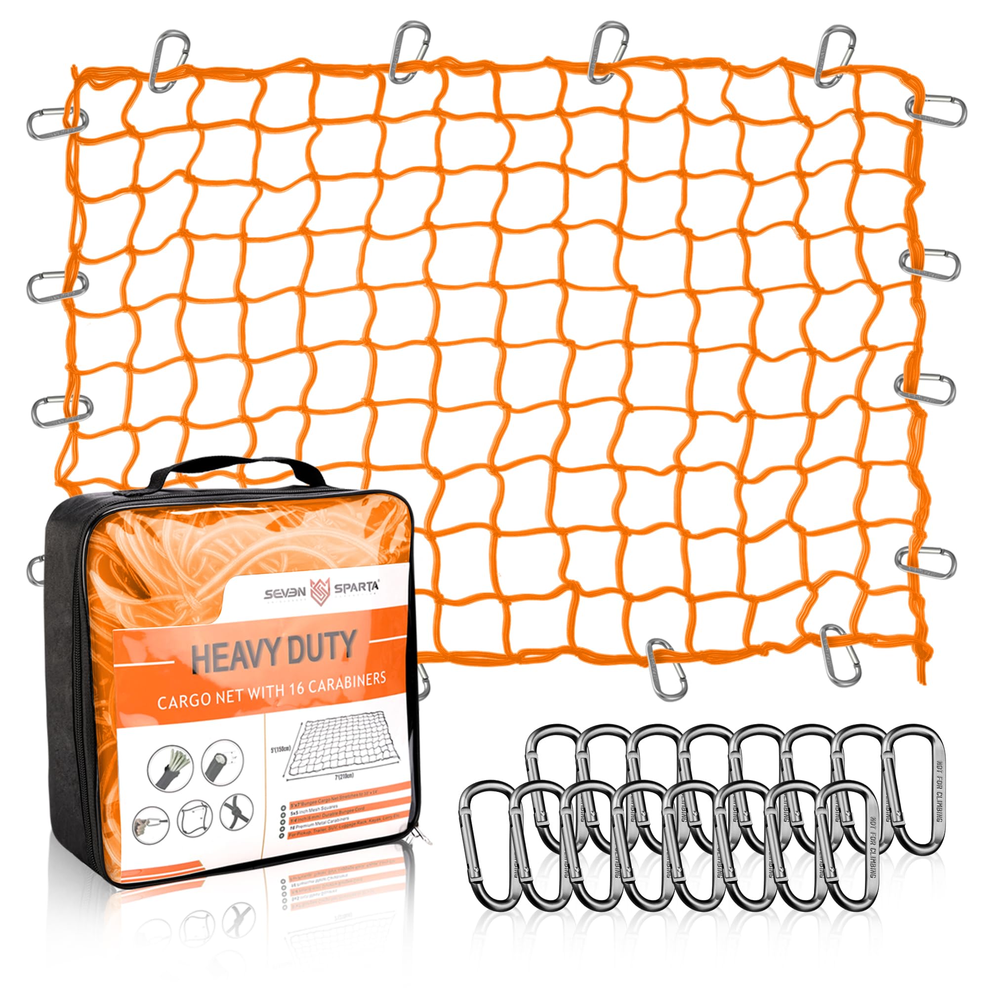 Seven Sparta 5 X 7 Bungee Cargo Net Stretches To 10' X 14' For Truck Bed, Pickup Bed, Trailer, Trunk, Suv With 16 Bonus D Clip C